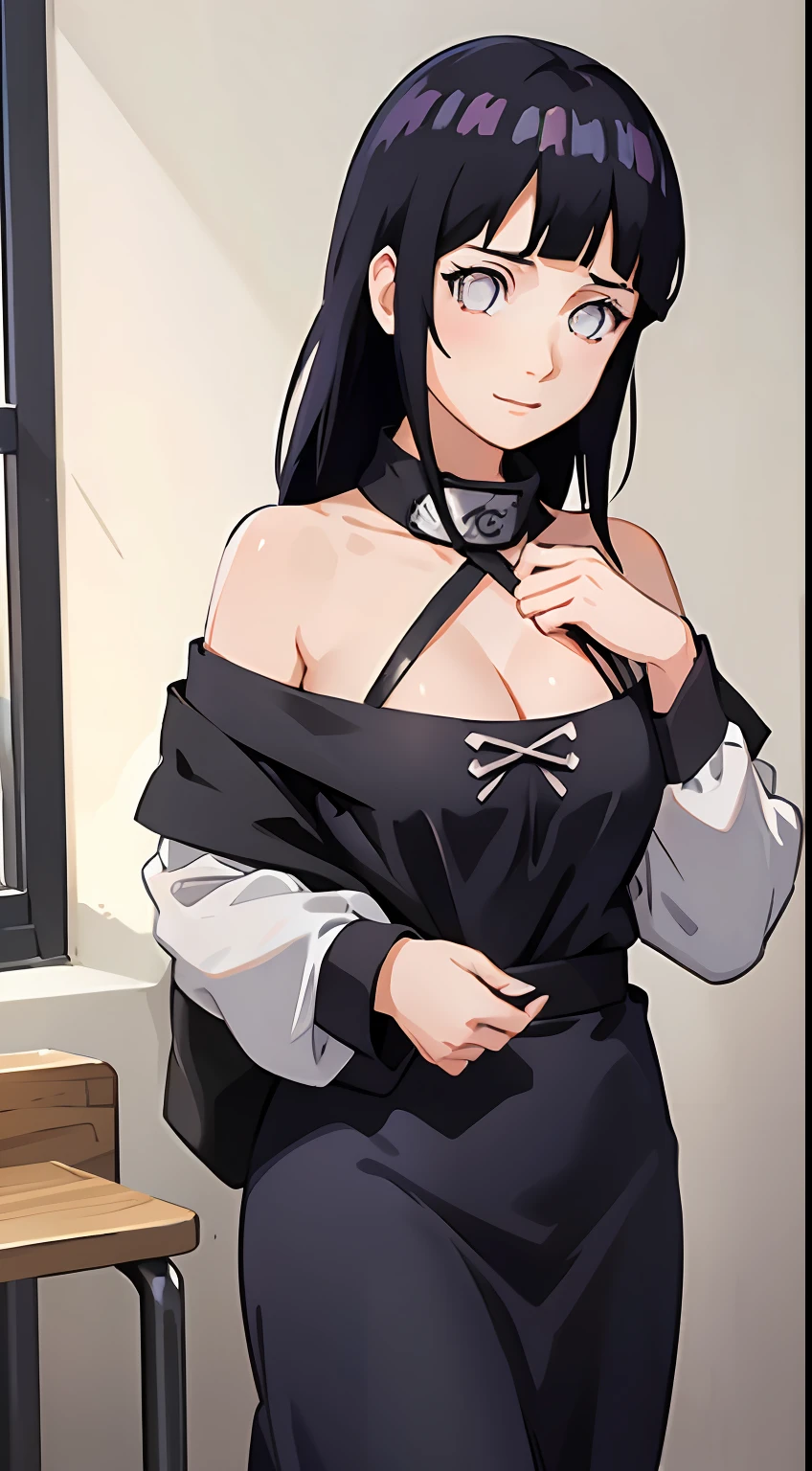 one-girl,little breast,cleavage,Off-the-shoulder attire,Bust photo,Naruto,Forehead,white clothes,looks into camera,sportrait,ssmile,schools,Classroom,比基尼,cute little,Black hair