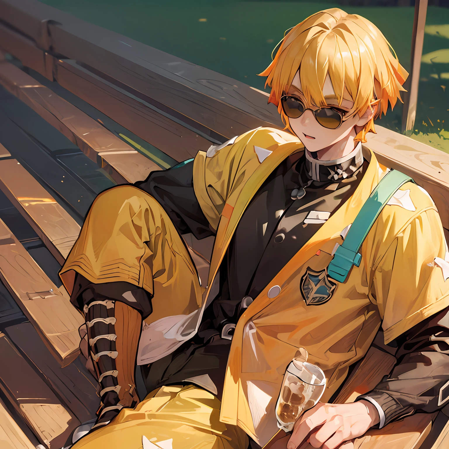 (((master piece))),((best quality)),((((park)))), detailed,1boy, sitting,sports cap, yellow hair,sunglasses,sports shirt,pants,cheerful,toothy grinultra detailed face, shoulder pad