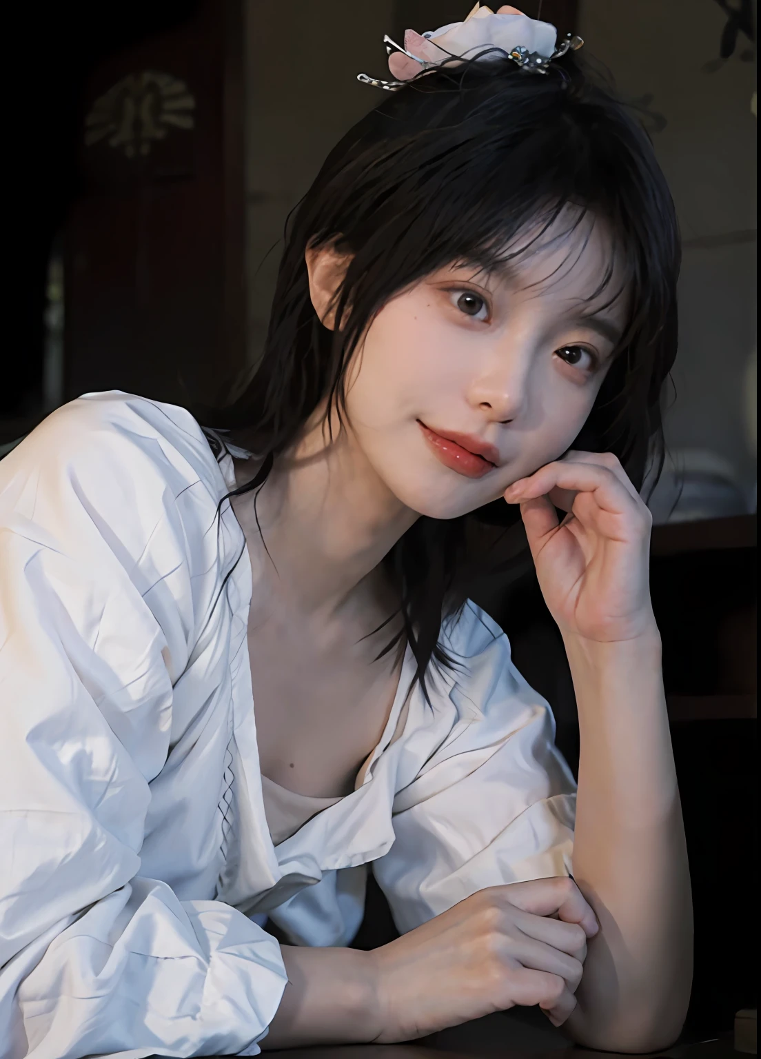 best qualtiy, 超高分辨率, (realisticlying:1.4), one-girl, A pair of clear and moving peach blossom eyes,Royal Sister,(full bodyesbian:1.2)a sense of atmosphere,a beauty girl,Small sling, ssmile,(brassier:1.2)(huge tit:1.2), looking at viewert, closeup cleavage ,Peach Blossom Forest,
