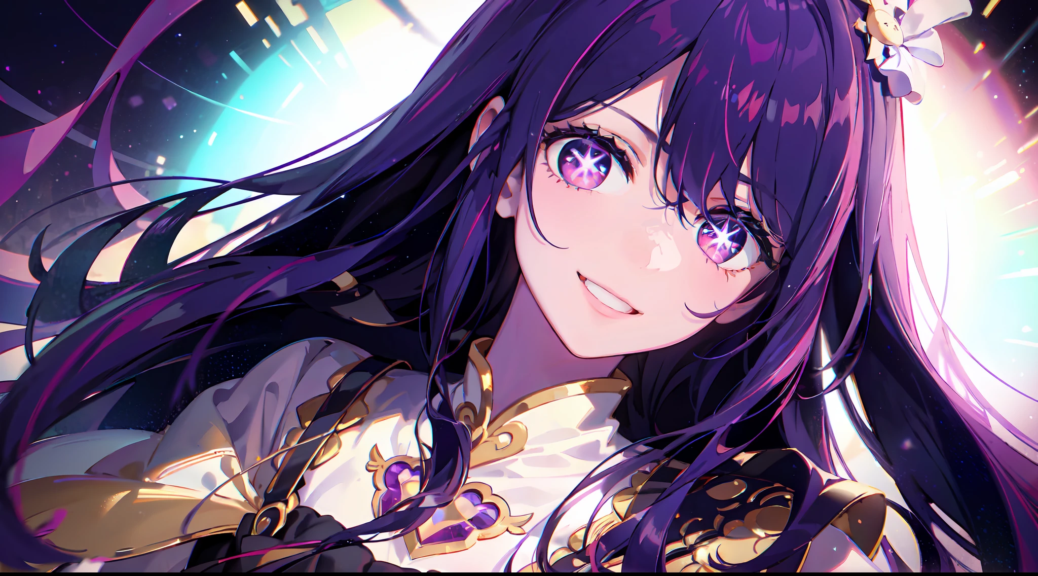 1girl, (solo:1.2), ((masterpiece)), slim, small chest, pale skin, ((detailed eyes)), (bokeh effect), purple hair, long hair, straight hair, bright smile, grin, exterior, streaked hair ,purple eyes, star-shaped pupils, hair ornament