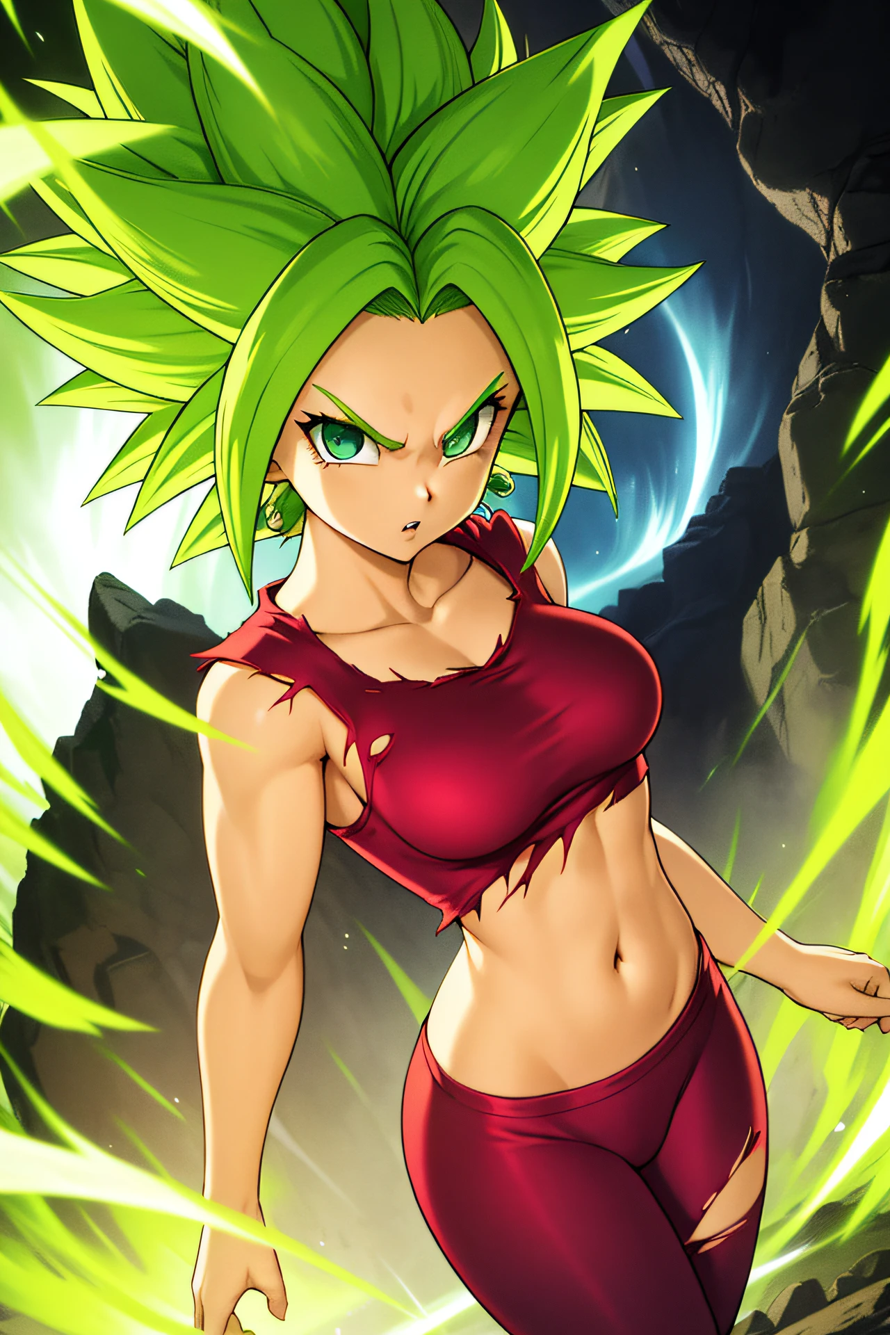 xyzkefla, super_saiyan, green_hair, green_eyes, 1girl,  spiked_hair, energy, torn_clothes, jewelry, aura, leggings, red clothing, dramatic, cliffside, looking at viewer