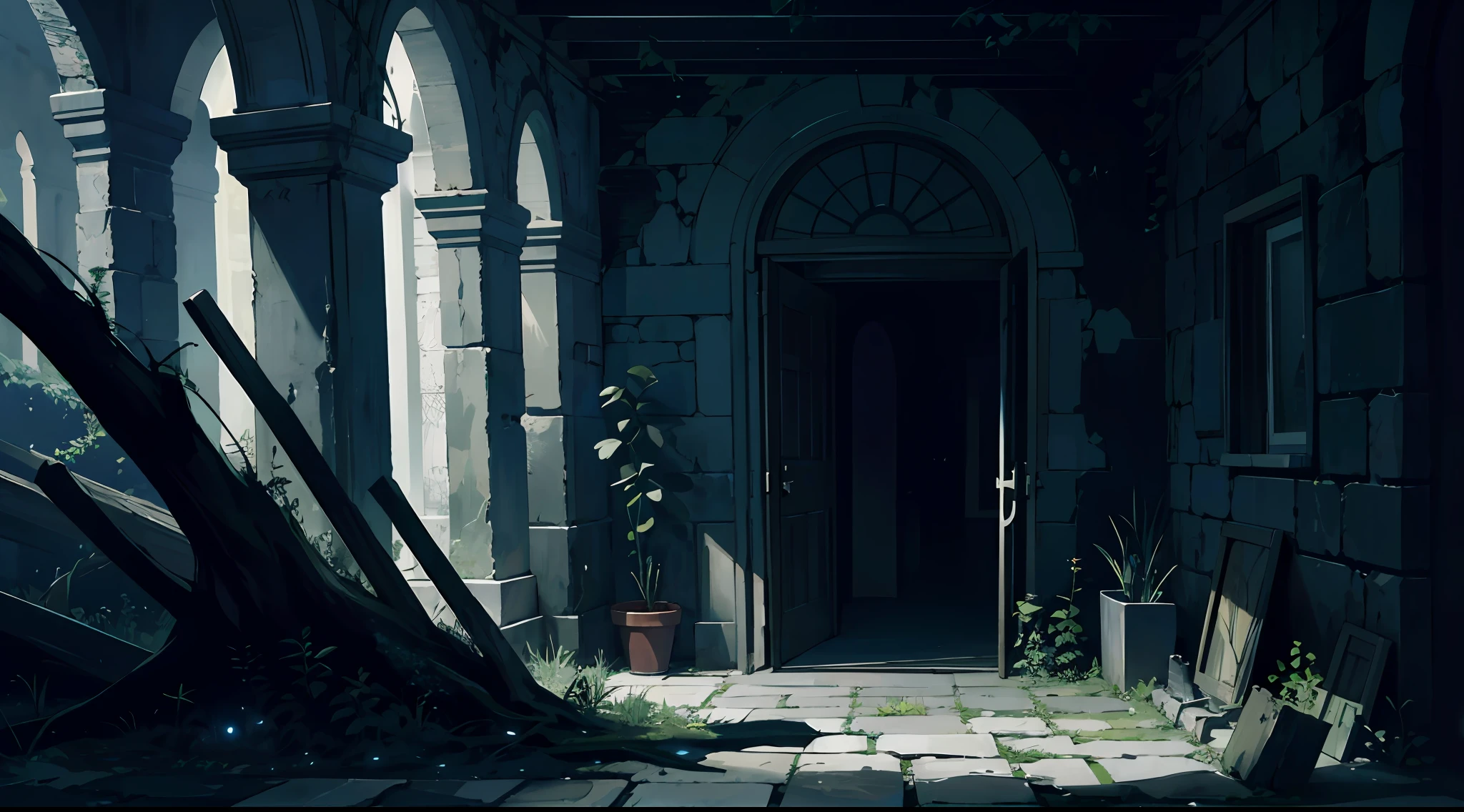 fentezi, darkly, the night, it is frightful, A lot of plants, dim lights, (photo-realistic:1.4), A lot of black, Very dark, Obscurity, terror, ultradetailed, Octane rendering, постпродакшн 8k, iridescent colors, Ruins, bloods, background, Background, Without a person, Background only, dungeon,