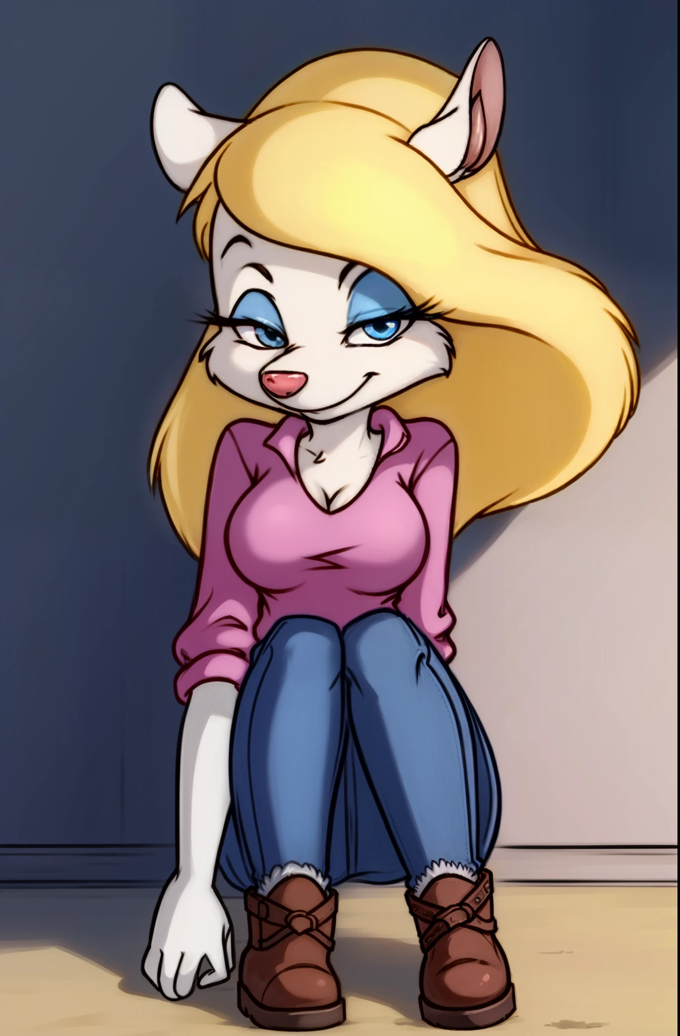 1girl, MinervaMinkCzar,(peludo, furry female, corpo inteiro), (orelhas de animais, cauda longa, cauda vermelha, focinho, franja varrida, cabelo longo, cabelo vermelho, maquiagem, olhos pretos, sombra azul), Denim Jeans Pants, jaqueta curta, botas altas