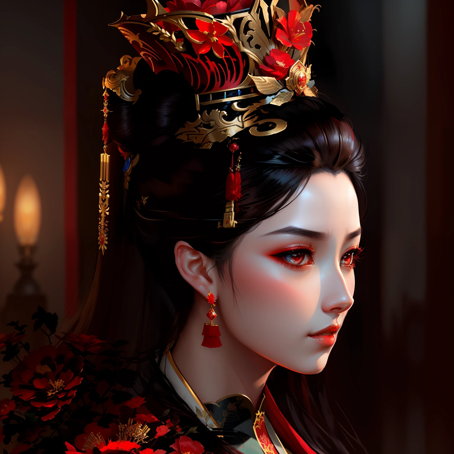 a close up of a woman wearing a tiara and a red flower, red eyes, artwork in the style of guweiz, palace , a girl in hanfu, a beautiful fantasy empress, beautiful character painting, ancient chinese princess, guweiz, guweiz masterpiece, chinese princess, inspired by Fenghua Zhong, beautiful render of tang dynasty, inspired by Lan Ying