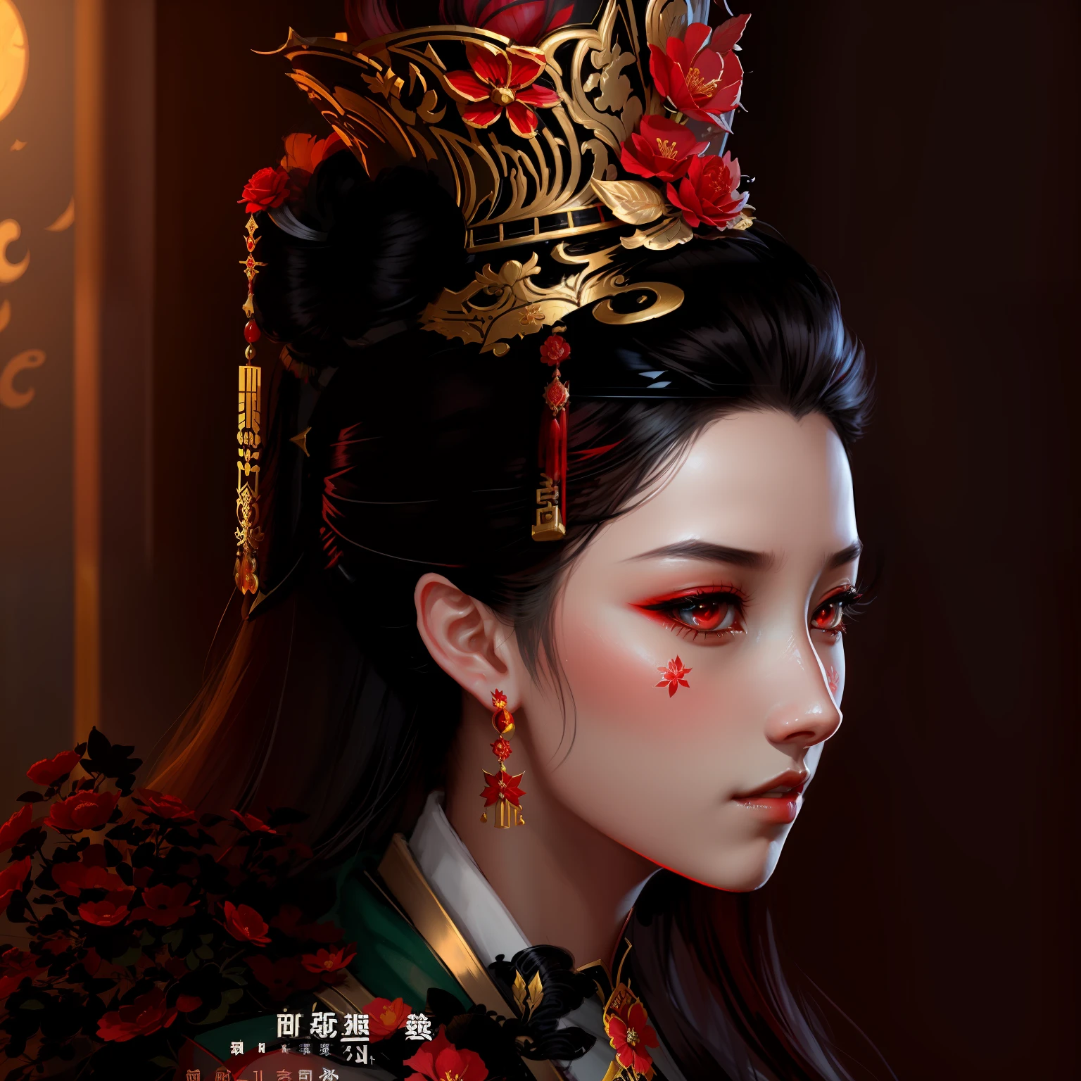 a close up of a woman wearing a tiara and a red flower, red eyes, artwork in the style of guweiz, palace ， a girl in hanfu, a beautiful fantasy empress, beautiful character painting, ancient chinese princess, guweiz, guweiz masterpiece, chinese princess, inspired by Fenghua Zhong, beautiful render of tang dynasty, inspired by Lan Ying