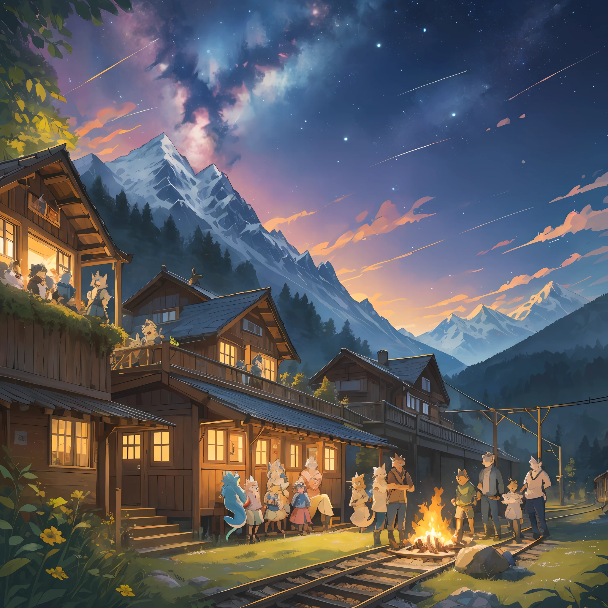 top quality, best quality, High-quality illustrations, masterpiece, super high resolution, detailed background, detailed background, Mountain railways in Switzerland, group shot, 6+boys, 6+girls, camp-fire, night sky, absurdres(highly detailed beautiful face and eyes)perfect anatomy(Photo of family trip)(kemono, furry anthro)selfie,