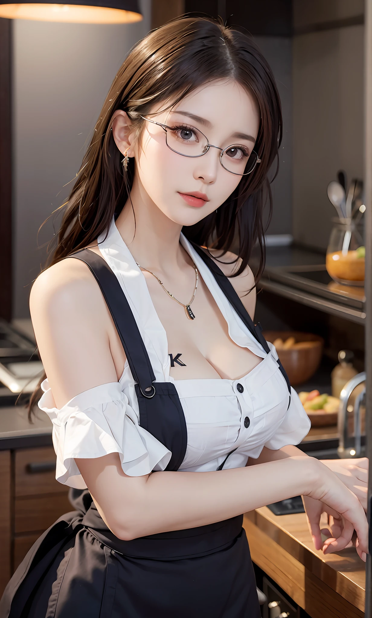 (RAW photos:1.2),high high quality,Beautiful Meticulous Girl,Highly detailed eyes and face,beatiful detailed eyes,hugefilesize,A high resolution,8k wallpaper,finely detailled,Highly detailed stock code uniform 8k wallpaper,light in face,电影灯光,16 year old girl,A sexy pose,(photo-realism:1.4),illustratio,ultra-realistic realism,super detailing, tmasterpiece, at the kitchen,Wear an apron to cook,wears glasses,Bigchest,low chest