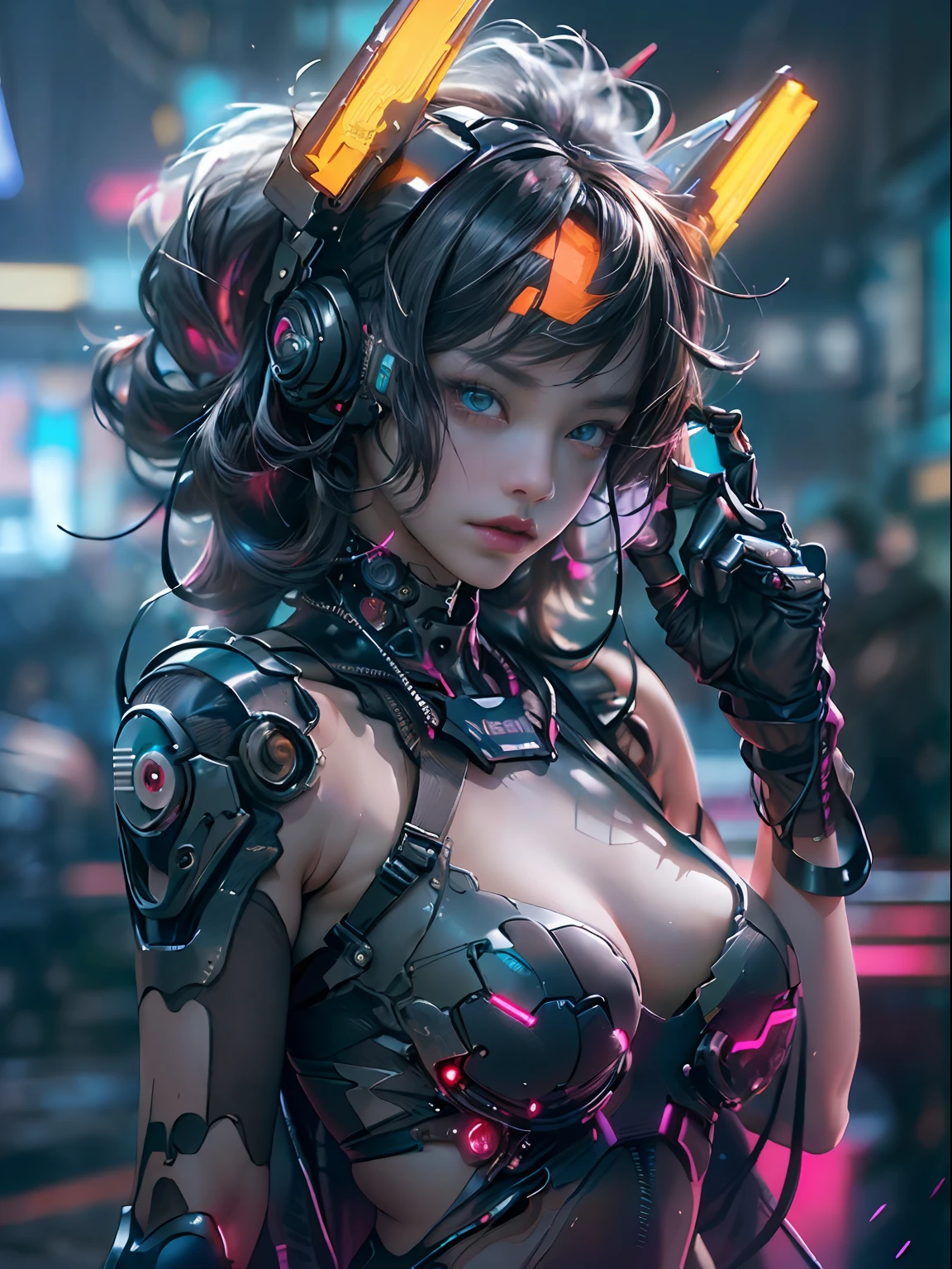cyber punk Girl,(top-quality、8K、32K、masterpiece、nffsw:1.3)、(The ultra -The high-definition)、(Photorealsitic:1.4)、Raw photography,Perfect eyes,Charming perfect figure,Upper body image、actionpose:1.2,Detailed cyberpunk fashion、World of Cyberpunk,depth of fields,blurry backround,、