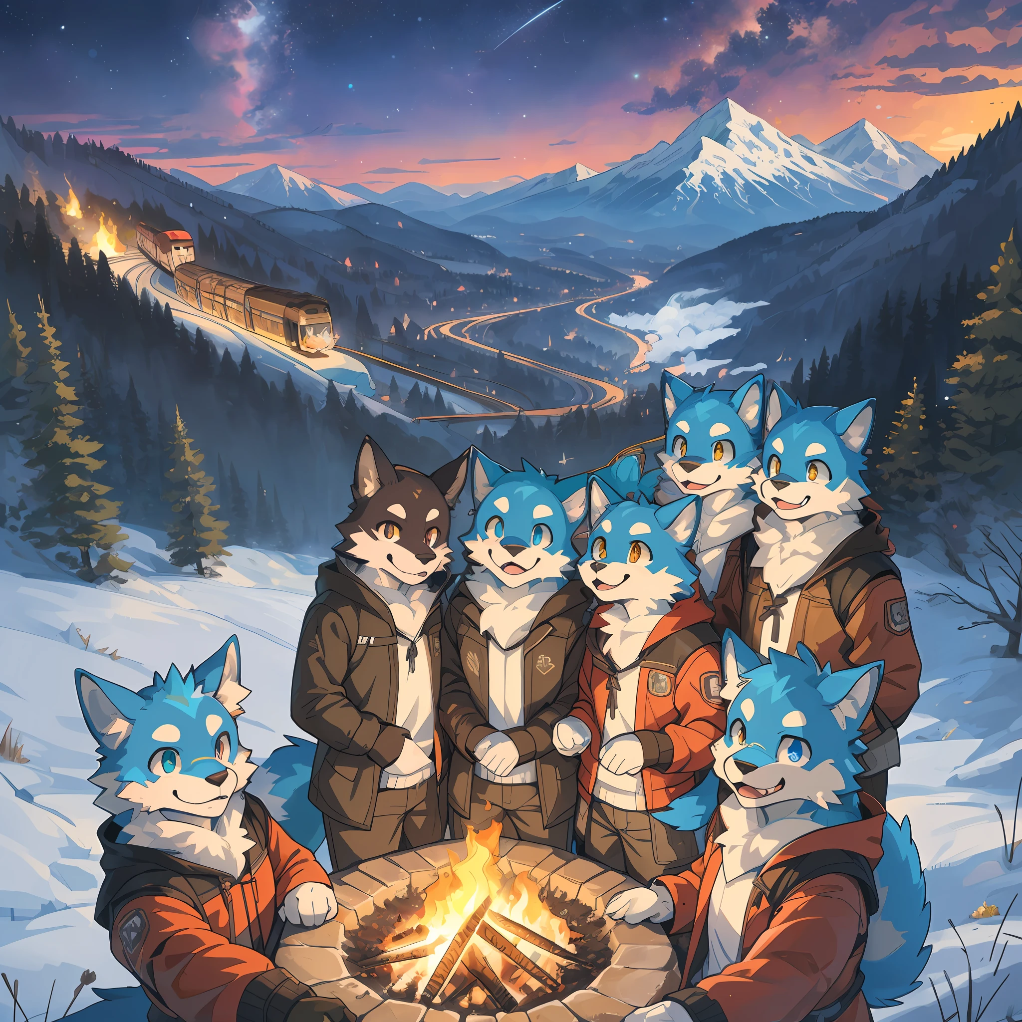 top quality, best quality, High-quality illustrations, masterpiece, super high resolution, detailed background, detailed background, Mountain railways in Switzerland, group shot, 6+boys, 6+girls, camp-fire, night sky, absurdres(highly detailed beautiful face and eyes)perfect anatomy(Photo of family trip)(kemono, furry anthro)selfie,