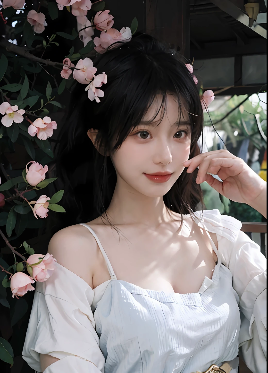 best qualtiy， 超高分辨率， （realisticlying：1.4）， one-girl， A pair of clear and moving peach blossom eyes,Royal Sister，（full bodyesbian：1.2）a sense of atmosphere，a beauty girl，Bandeau dress 1.1， ssmile，（brassier：1.2）（huge tit：1.2）， looking at viewert， closeup cleavage ，Peach Blossom Forest，