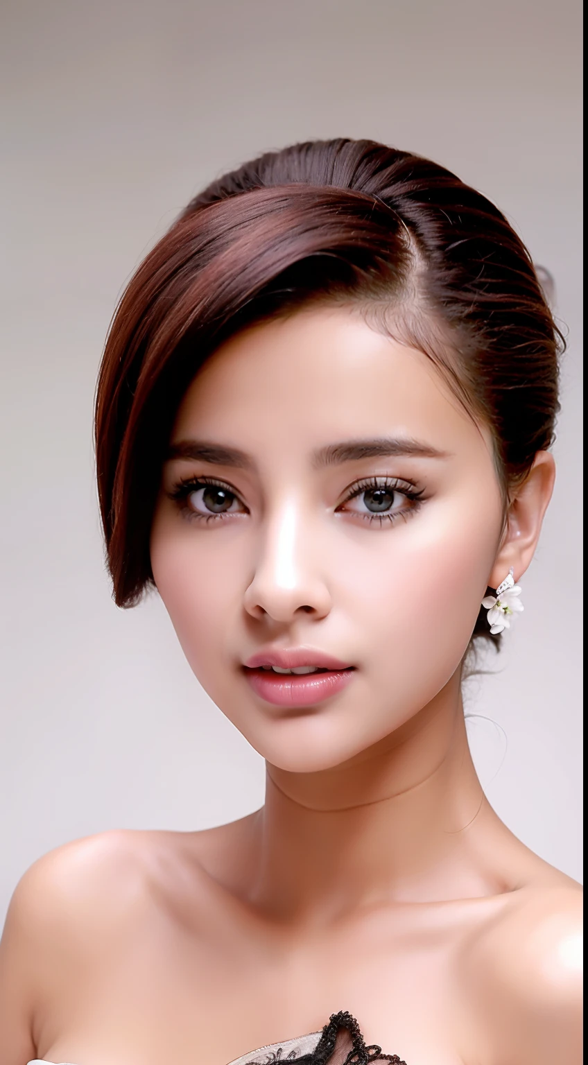 Fashion model 18 years old [[[[closeup cleavage]]]], [[[[boobgasm]]]], [[[[coll]]]], [[[[bshoulders]]]], perfect  eyes, Perfect iris，perfect lips，perfect teeth，Perfect skin，Long face，Soft front light，HDR，Outfit in black，green outfit，White or pink flowers on the background，（pastel colour：1.2）