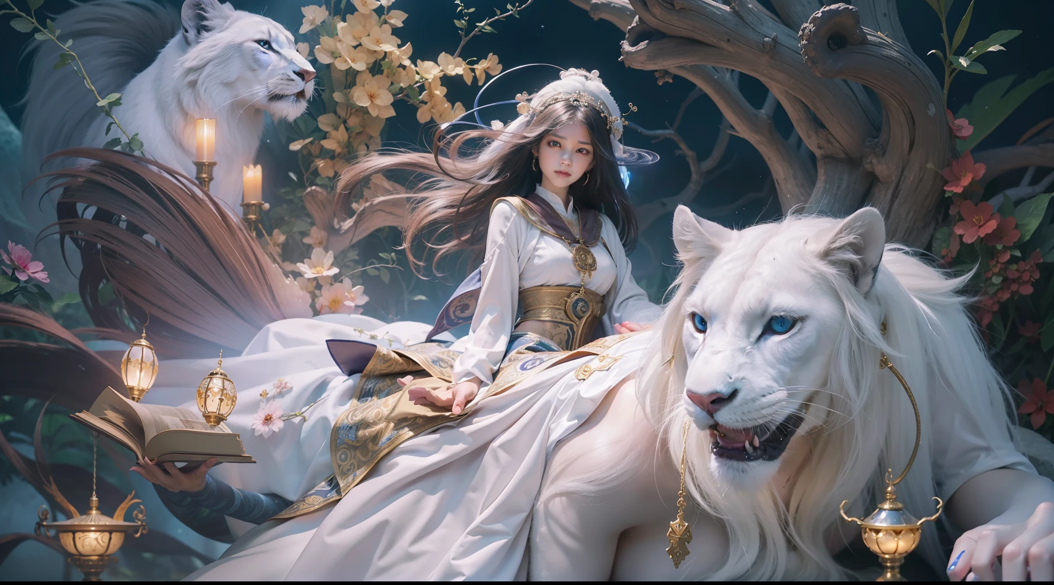 Magic Book,Blood,Night, Dark, (Fantasy),infinite,deep blue sky,The abyss of knowledge,Cowledge,((masutepiece)), (((Best Quality))),((Beautiful fine eyes)),(Eye lashes)、Very beautiful face、Beautiful girl riding a giant white lion、(女の子1人)、Black hair、The long-haired、abyss eyes、glowy skin、oils、small tits、Perfect human body structure、Wizard robes、tattered cloth、Realistic coat、Teenchi、Super delicate CG Unity 32k wallpaper、masterpiece, ((ultra-detailliert)), ((illustratio)),colourfull,wall-paper,The energy,Unknown terror,Incomprehensible,Around the magic,Magical surroundings,magic wands,Boken,Flying pages,Know everything,Predict the future、Get to know the past、Infinite wisdom、blue flames、Warlock、magic circles、Pentagram、Spells、mantra、Singing magic
