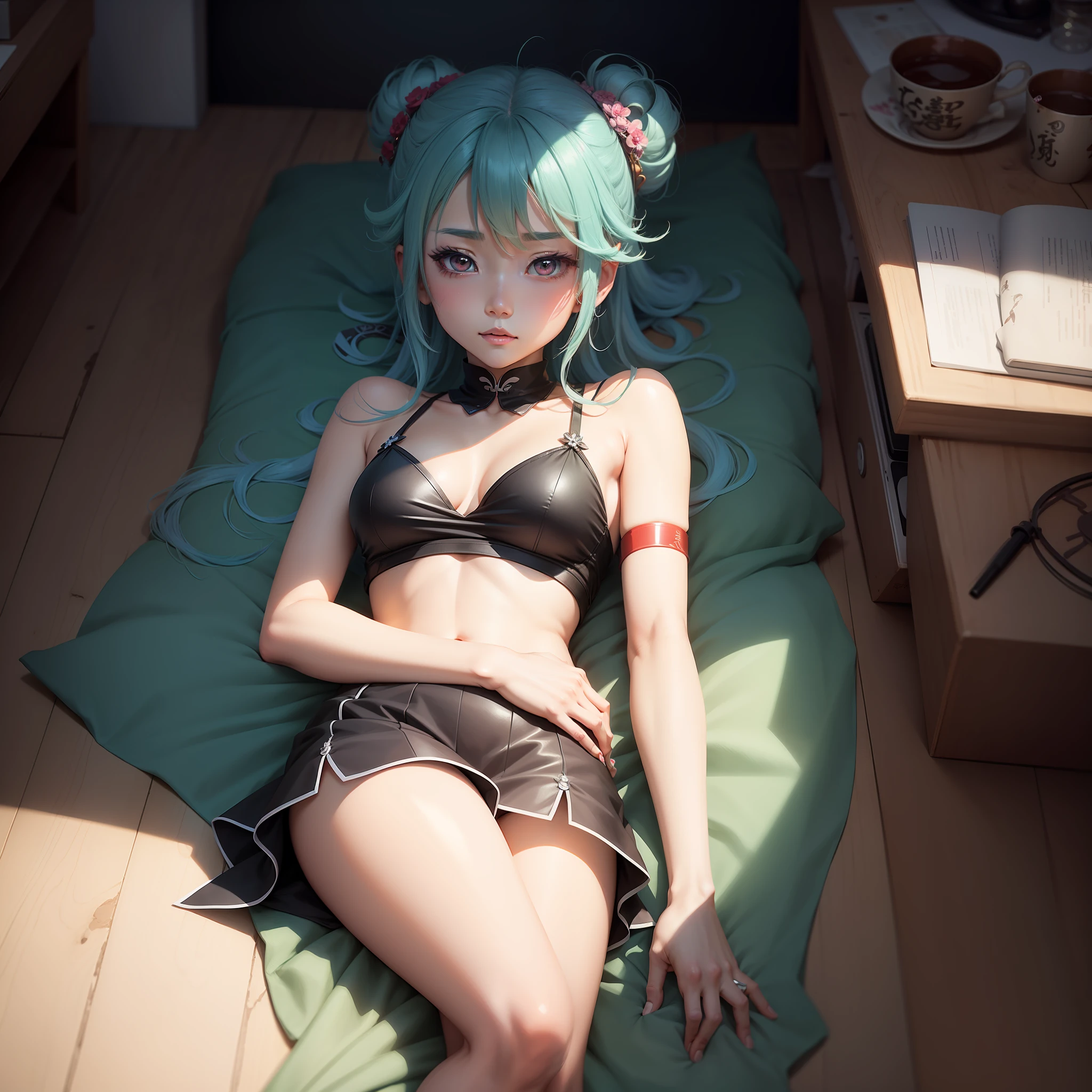 Words and words, as an anime character, style of anime4 K, 2 d anime style，Luo Tianyi，比基尼，full bodyesbian，lie on one's side