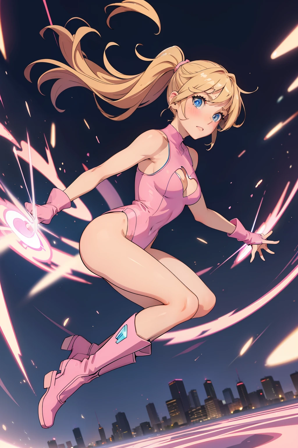 ((masterpiece)), ((best quality)), ((highres)), 1girl, solo, leotard, bare legs, matching boots, sleeveless, looking at viewer, light particles, city backdrop, perfect hands, perfect eyes, perfect leotard, perfect legs, perfect arms, perfect fingers, medium breasts, pink leotard, spinning, blonde hair, long hair, knee boots, blue eyes, heart cutout, cute face, hair down, bangs, sleeveless, pink gloves, pink footwear, cleavage cutout, superhero, super speed, light swirls around her body, time travel, super spin, spinning around, whirlwind spin