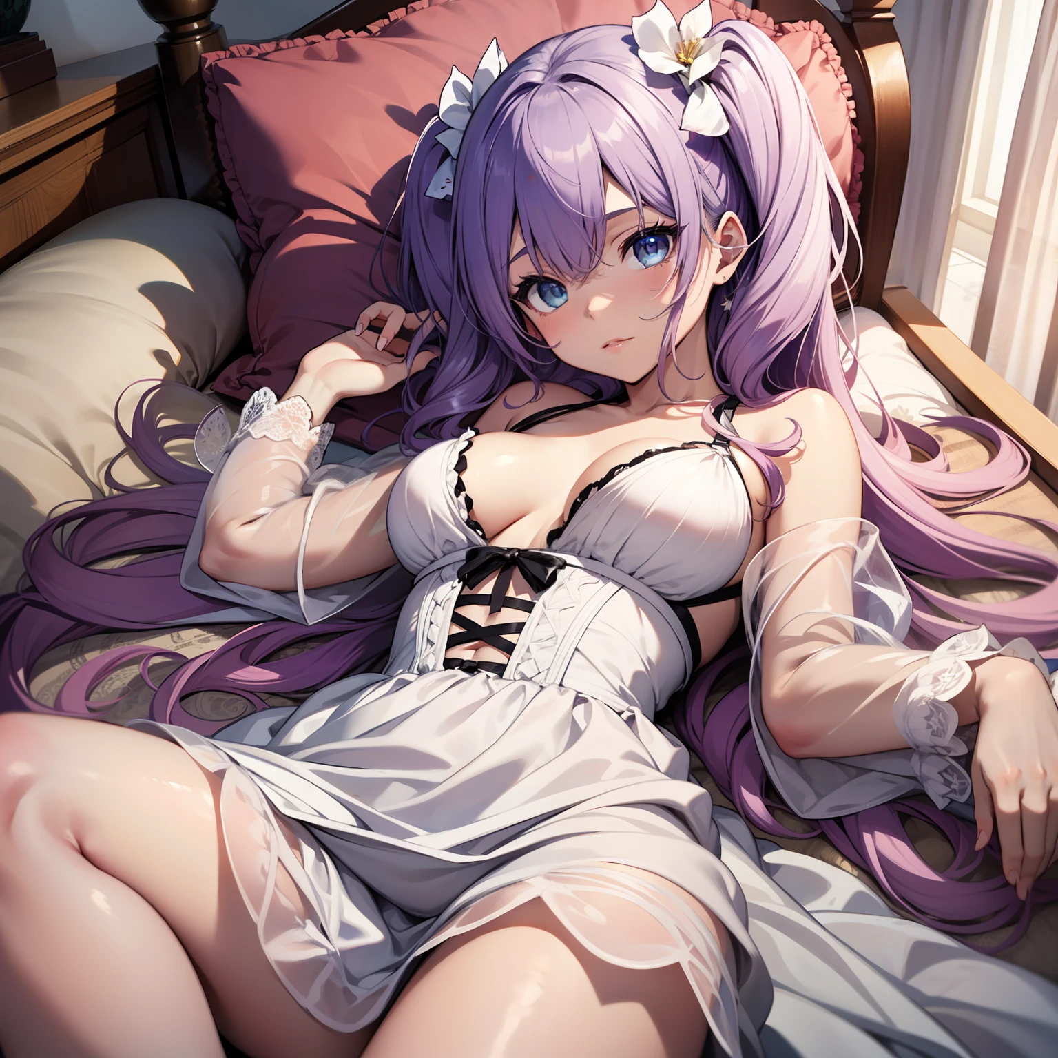 young girl, , twintails hair style, light purple hair, greek white dress, lying in a bed, blue eyes, small tits, sensual position, looking at viewer, in a white palace, 4k, detailed face, good anathomy