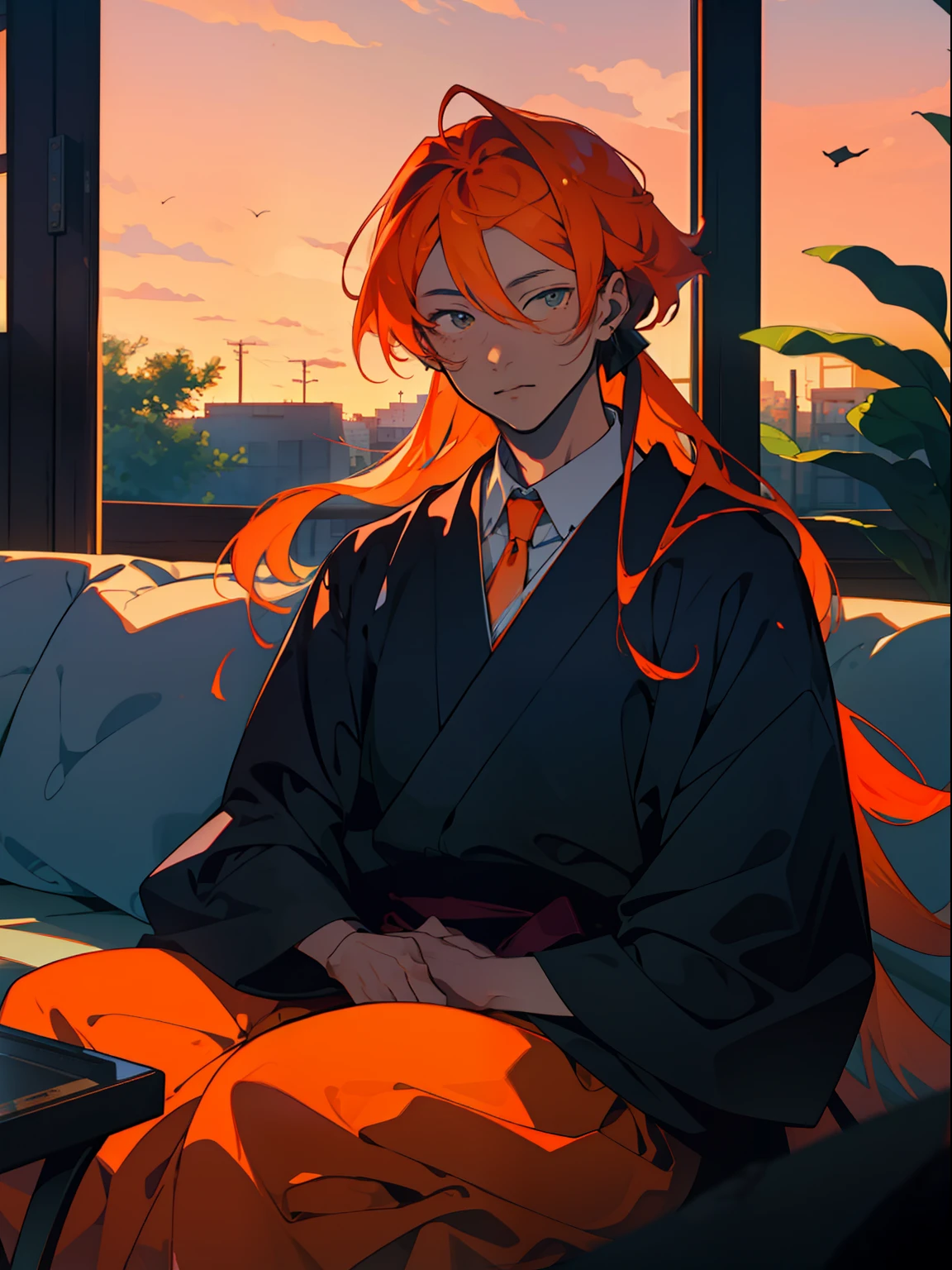 Nakahara Nakaya,Sit and watch the view,Handsome ager,Long orange hair,lateral division