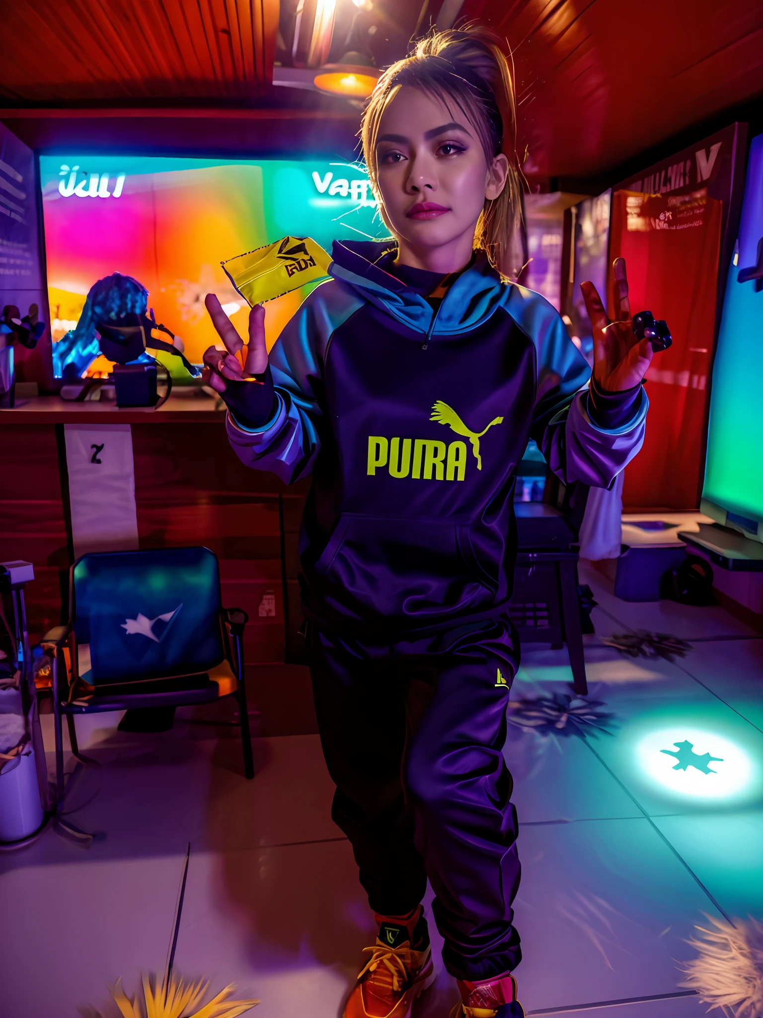 There is a young woman in front of a TV giving the peace signal, wearing a track suit, wearing a tracksuit, agasalho esportivo, mateus 9 5, vestindo terno de atletismo, Usando!!! Clothes!!!, imagem de qualidade muito baixa, Chappie em um traje de treino da puma, Ah Puch, usando roupas puma, wearing a hoodie and sweatpants, (RAW foto: 1.2), (fotorrealista: 1.4), (detalhes intrincados: 1.2), (obra-prima: 1.3), (melhor qualidade: 1.4), (ultra highres: 1.2), cinema light, ultra alta realista, (olhos detalhados), (detailedfacialfeatures), (detailed features of the outfit),HDR, 8K分辨率, (extremely detailed illustration), (extremely detailed illustration), retrato de corpo inteiro, lente de 50mm, abertura f/4, (super detalhe), 8mm film grain