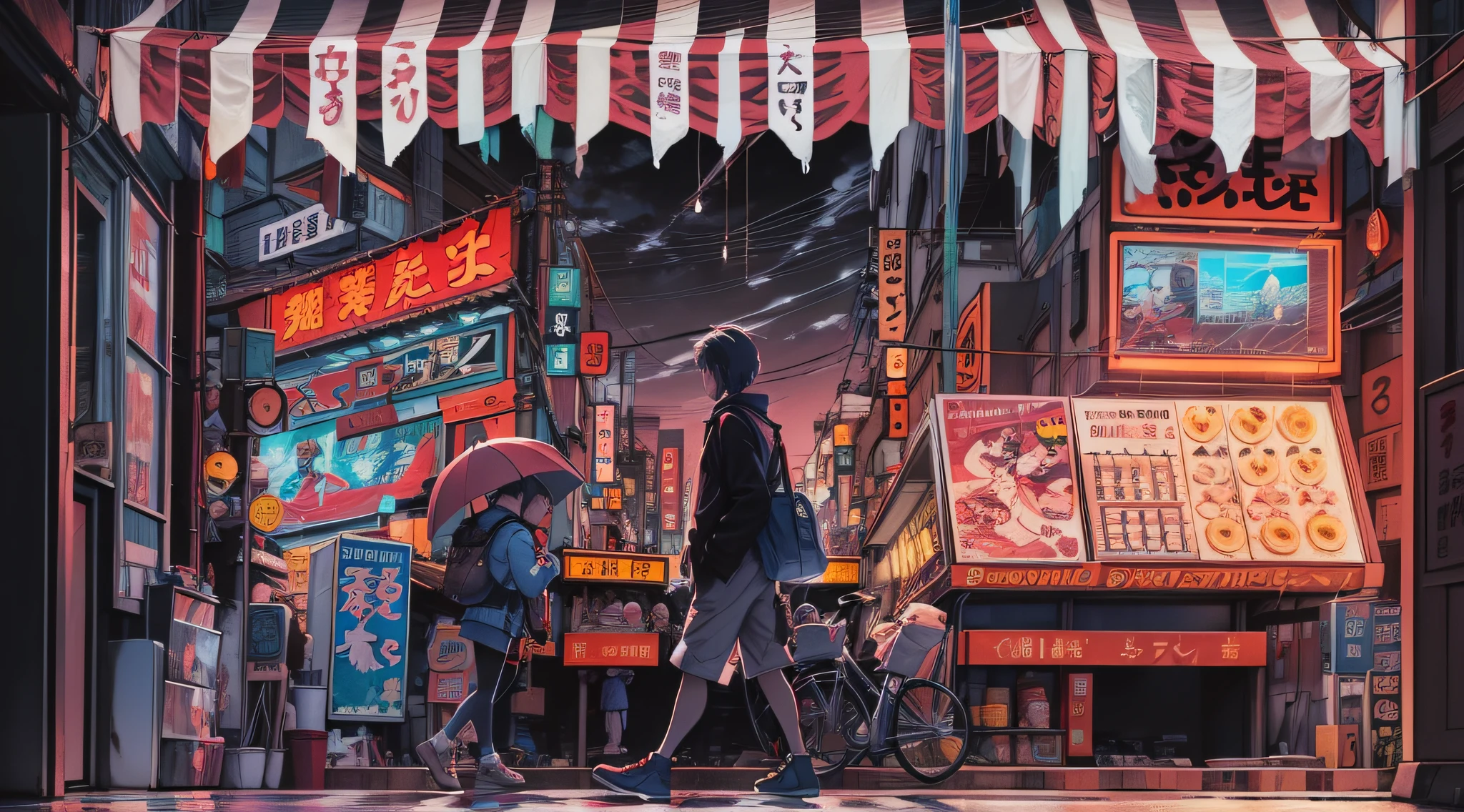 studio ghibli yokocho cyberpunk luzes neon hiragana k4 chuva noite futuro distopico depressivo soldados cidade toquio abstrato neo desfoque becos