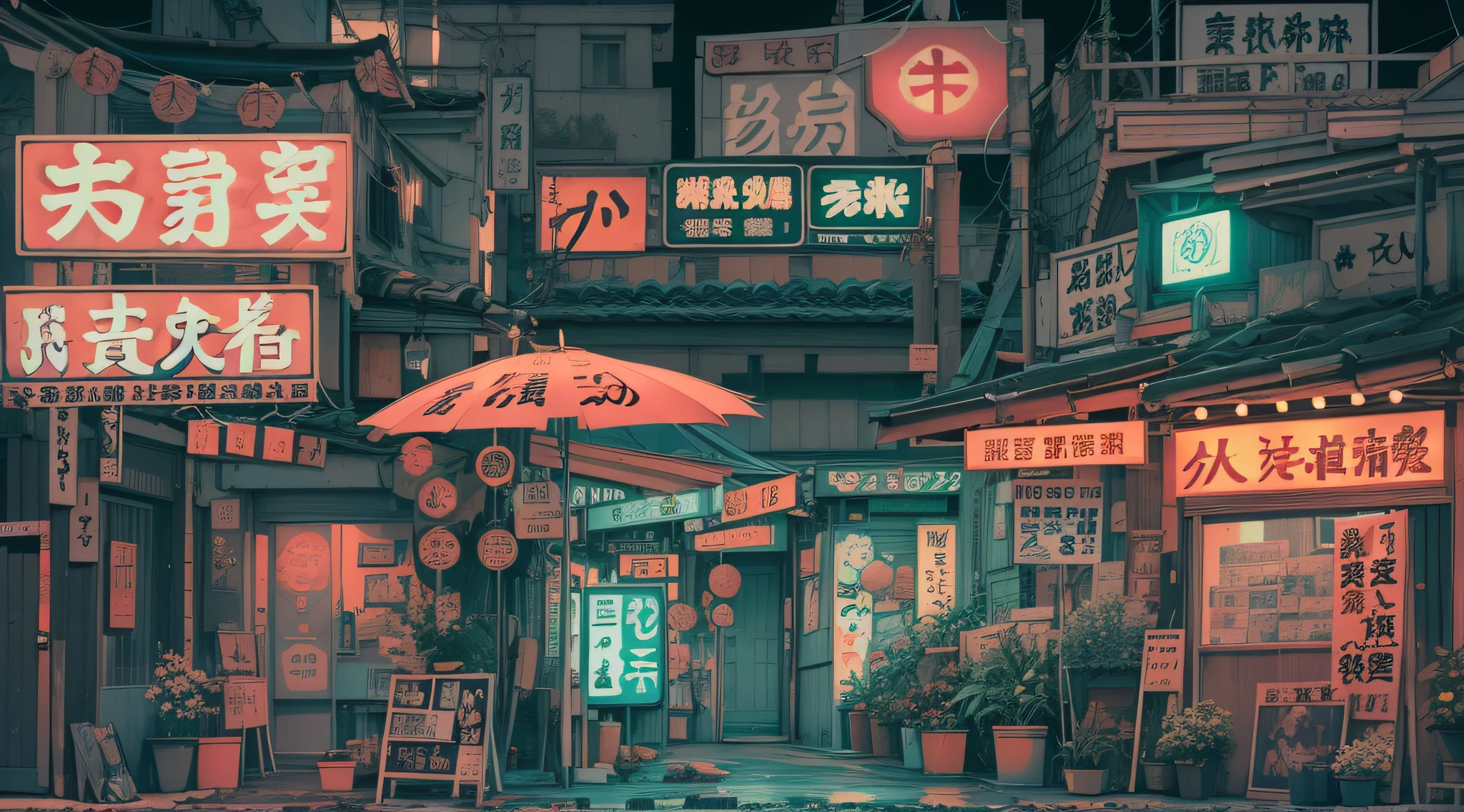 studio ghibli yokocho cyberpunk luzes neon hiragana k4 chuva noite futuro distopico depressivo soldados cidade toquio abstrato neo desfoque becos