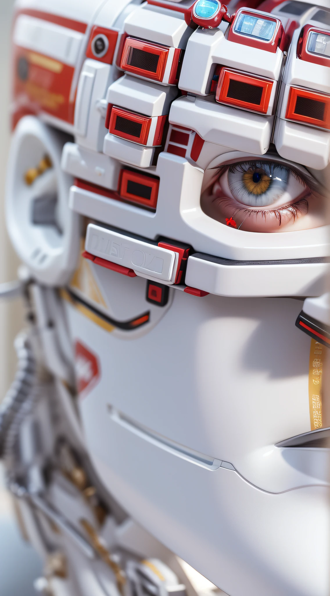 Araffed Cyborg with high-resolution white plastic details, batom vermelho e olhos azuis claros.