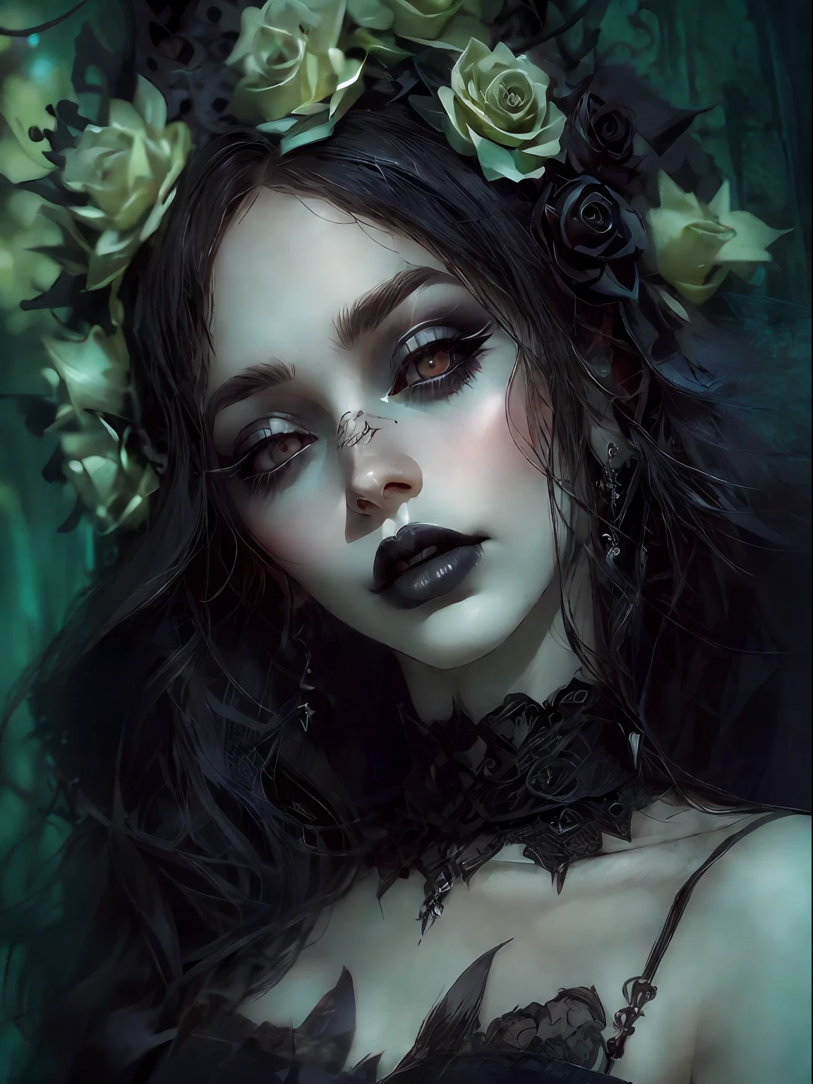 HighestQuali,tmasterpiece:1.2,Detailed details,1 Gothic girl,black eyeshadows,Black wedding dress,,Gorgeous headdress,Bust,fresh flowers,Sexy,chies,a lit candle