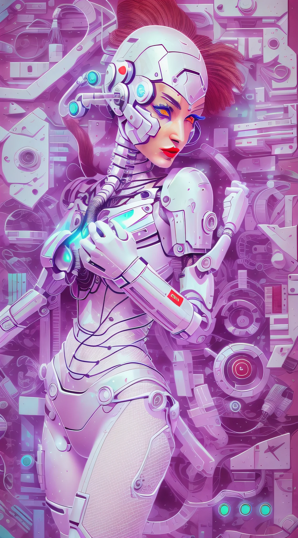 Araffed Cyborg with super detailed pieces of white plastic in very high resolution with red lipstick and light blue eyes