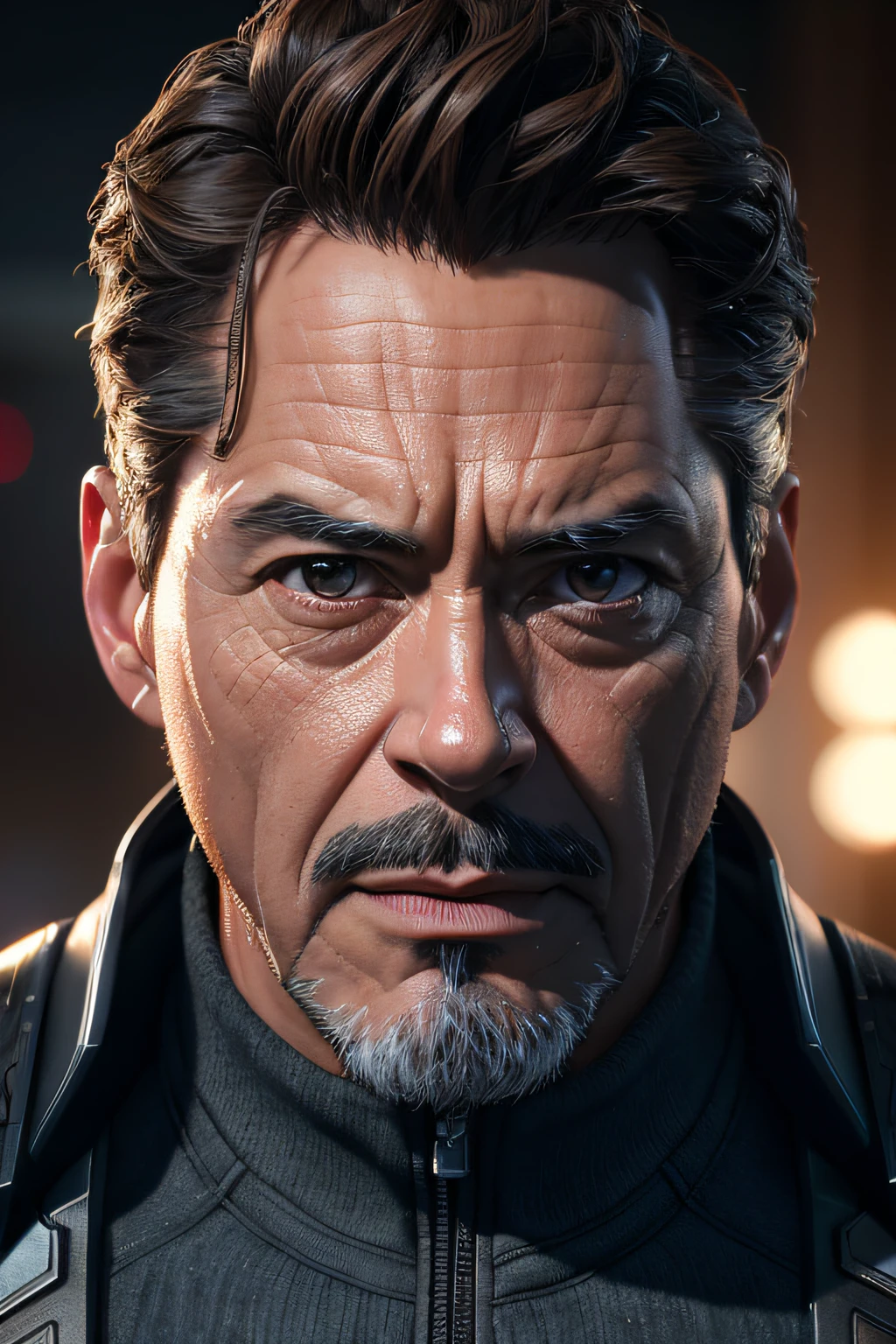 Marvel, Old man Tony Stark, realistically, dynamic lights, old, gray stubble, full shoot, (extremely detailed CG unity 8k wallpaper), trending on ArtStation, trending on CGSociety, High Detail, Sharp focus, dramatic, photorealistic