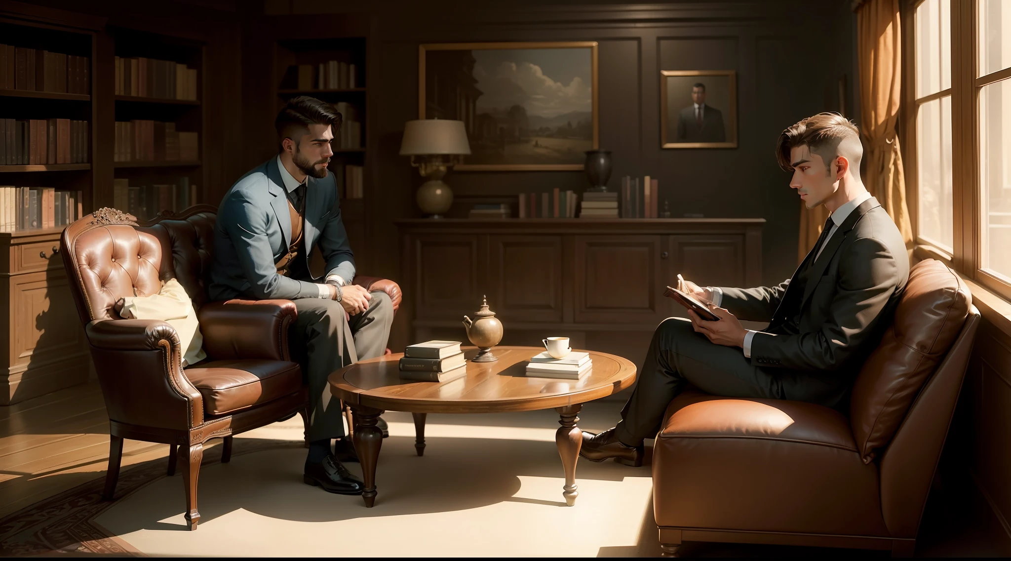 In a low-light office, A man is sitting in antique leather armchair, and the other younger man is facing him lying in a therapy armchair .They're talking in a therapy session. Entre eles, There is a large wooden table covered by books.