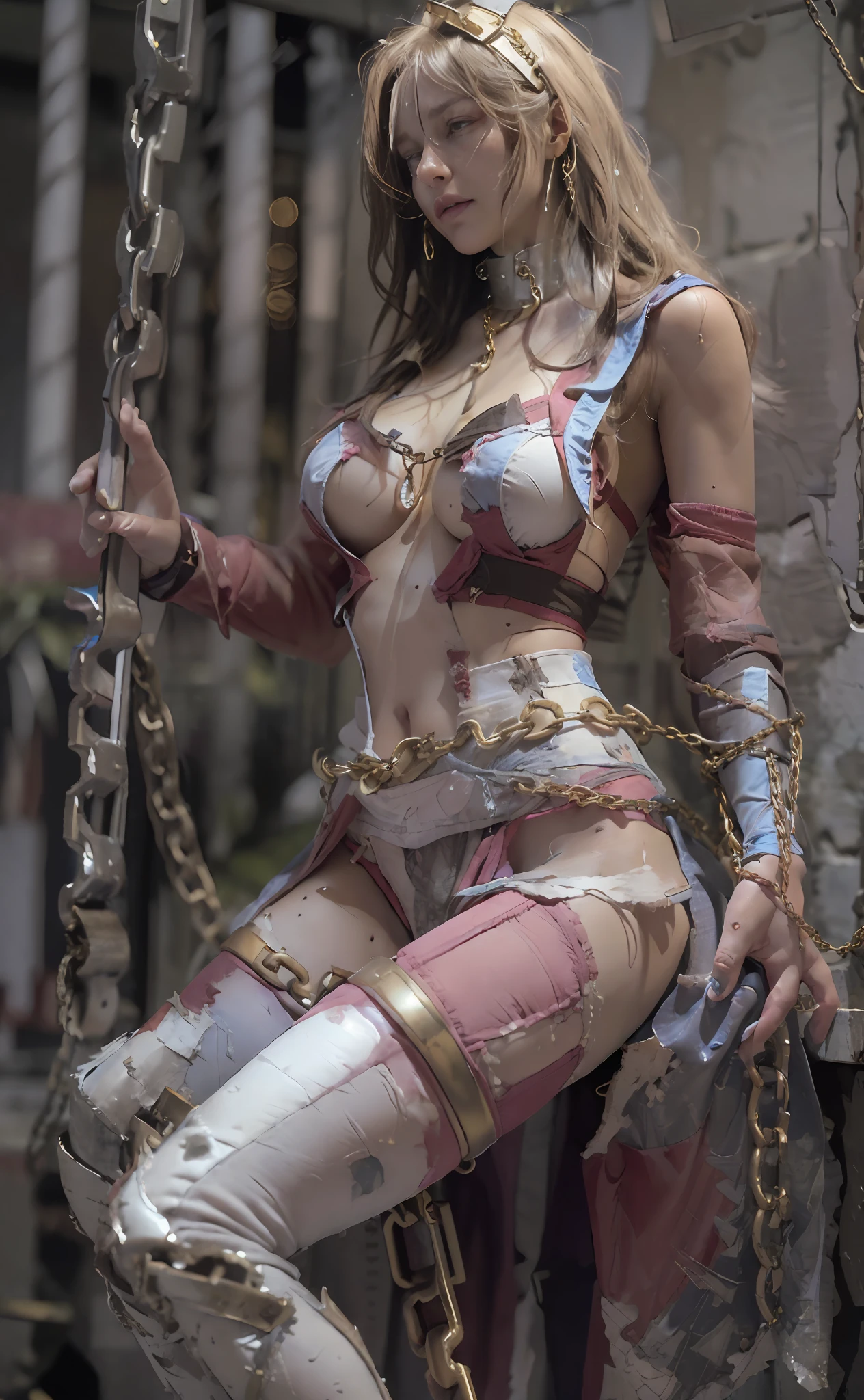 - [ ] Photo,sharpnes,Unique 850 4,Koda850 k portrait camera,F1.6 lens,ultra realistic textures,spectacular light textures,Cinestil 800 Fashion Mechanics,Beautiful girl with accentuated slender abs:1.4,Six-pack abs:1.4,Bust Botox, (Tears flow, cry with pain) bloods,((Wearing a light costume with a torn crotch of a superheroine)) ,(((toppless))),((No panties,no-bra)), ((Both wrists are restrained behind the back,the left leg is suspended at the knee))、wet thighhighs,(futuristic sci-fi battle fashion,elbow and knee cyberpad,cyber long boots,cyberglove:1.1),(srestrained),slaves,gargantilha,scornful,((cry with pain)),((wide prison with sunlight)),Dark Fantasy,Peeling ceiling,Slab breakage,Rebar between cracks,Realistic material details,Extreme detailing,ultra-realistic material,Broken walls,((Torn costume)),(Chained),((Highlighted by chains)),((shredded costumes,Broken golden shield and battle spear,long combat boots with golden knee pads,Golden shoulder armor and combat gloves,Junkyard,life-like(bruise,Unclean,ripped clothing,skimpy clothes),brown haired,length hair,torn cloak,ripped pantyhose,long legged,Metal shackles and fetters,((Four chains suspended from heaven)),No pubic hair,wet crotch clearly visible,Anatomical、(futuristic sci-fi battle fashion、cracked elbow and knee cyberpads、ripped cyber long boots、ripped cyber gloves:1.1),(((3 drills that broke through the ground and popped out 5 cm、One drill extends towards the crotch)))、Chained shackles and fetters,srestrained,slaves,gargantilha、(Vast prison in the sun)、Dark Fantasy、Peeling ceiling、Slab breakage、Rebar between cracks、Realistic material details、Extreme detailing、ultra-realistic material、Broken walls、Swarovski sword and shield at your feet