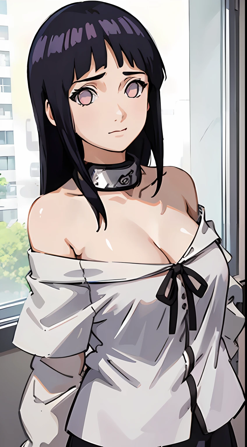 one-girl,little breast,cleavage,Off-the-shoulder attire,Bust photo,Naruto,Forehead,white clothes,looks into camera,sportrait,ssmile,schools,Classroom,比基尼,cute little,Black hair
