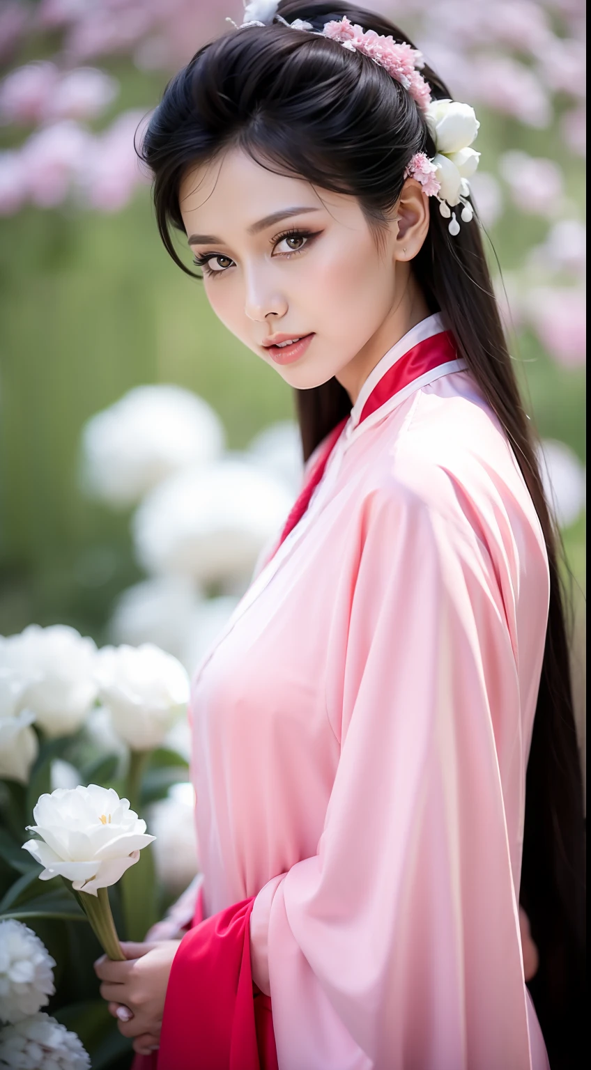 Fashion model 16 years old [[[[closeup cleavage]]]], [[[[boobgasm]]]], [[[[coll]]]], [[[[bshoulders]]]], perfect  eyes, Perfect iris，perfect lips，perfect teeth，Perfect skin，Long face，HDR，filmgirl，red attire，white apparel，Pink clothing，White or pink flowers on the background，（pastel colour：1.2）