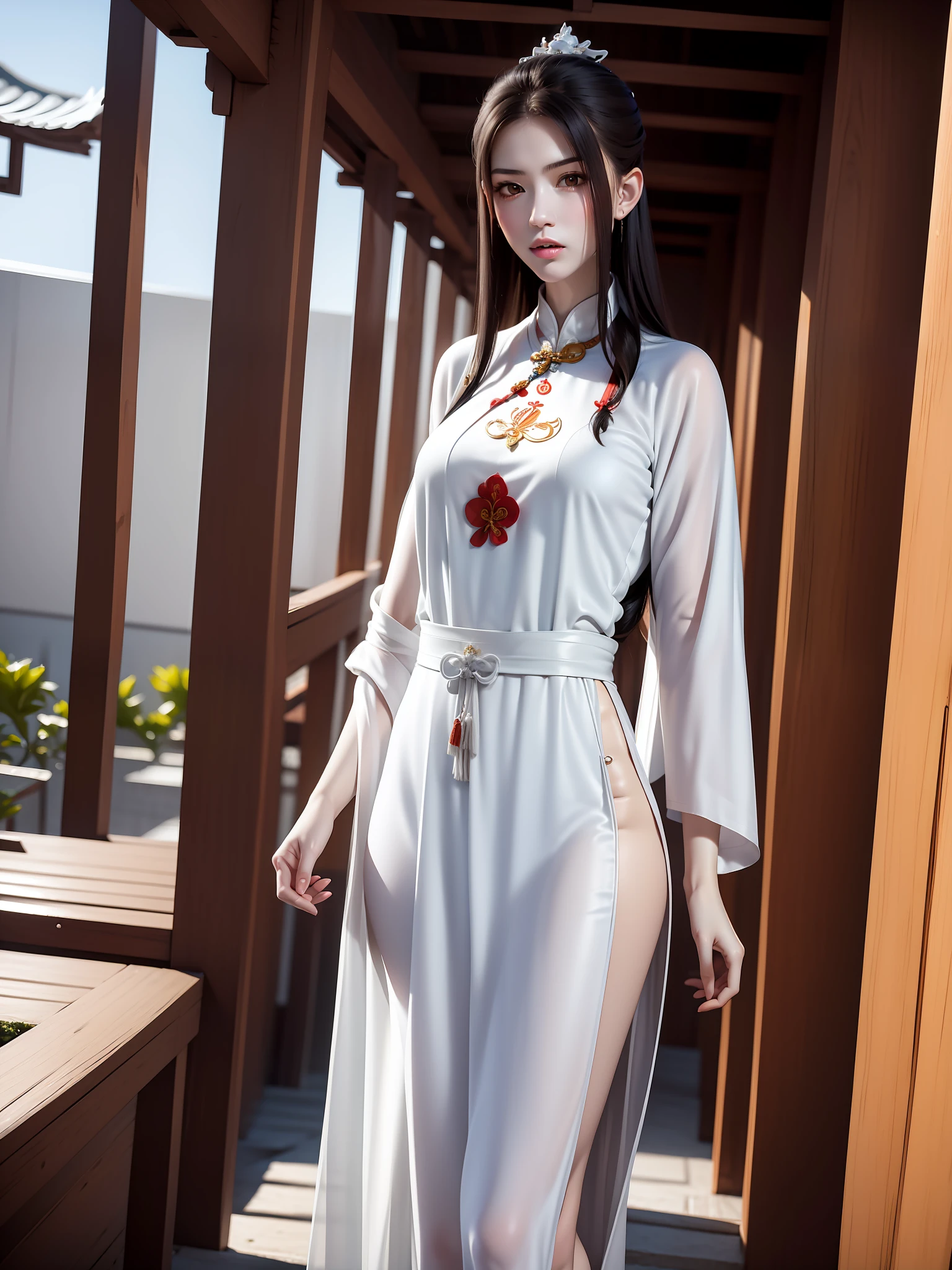 A Taoist lady wearing a white Taoist robe walks in the corridor of the Taoist temple