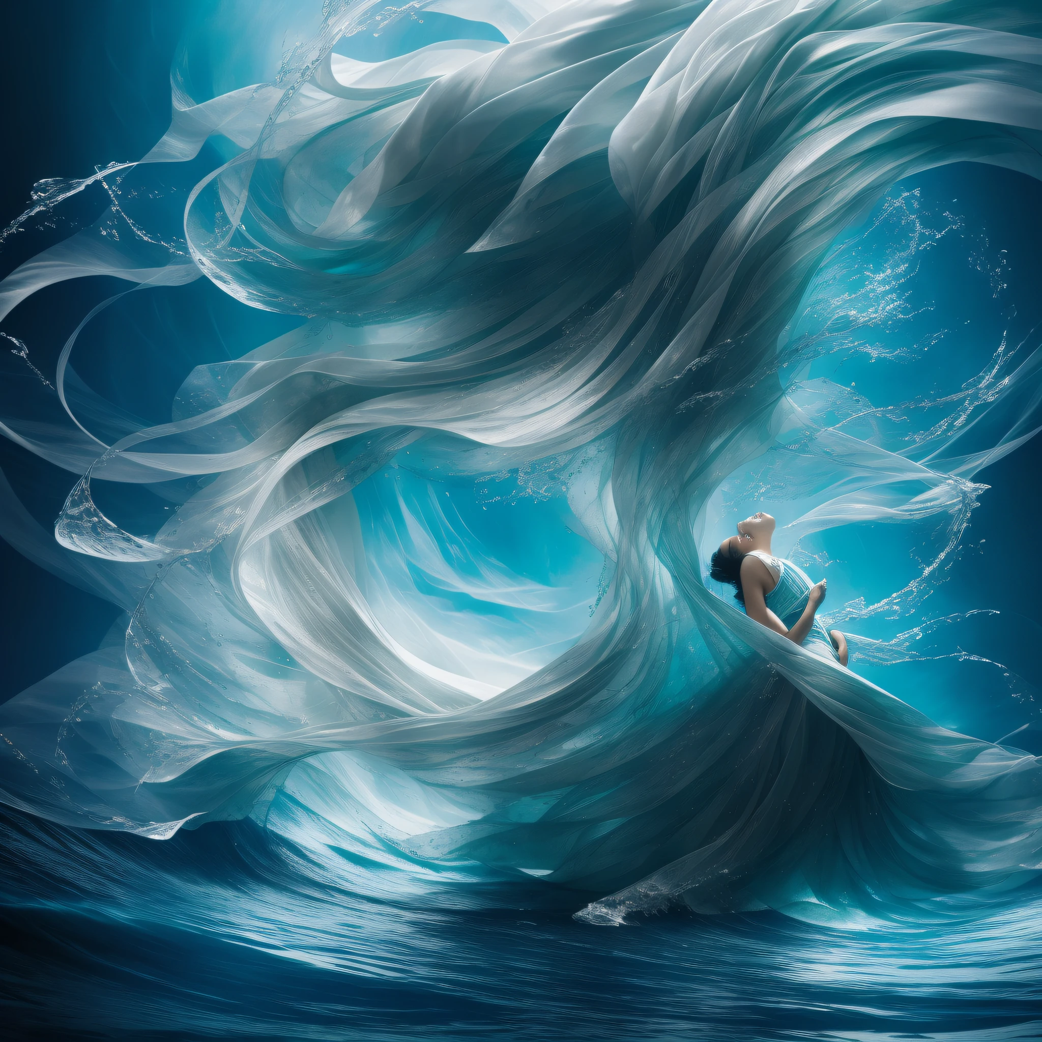 swirling fabric, inspired by Anna Füssli, inspired by Fei Danxu, glass ball at the waist, inspired by Maciej Kuciara, photographic render, Flowing realistic fabric, digital sculpture, detailed swirling water tornado