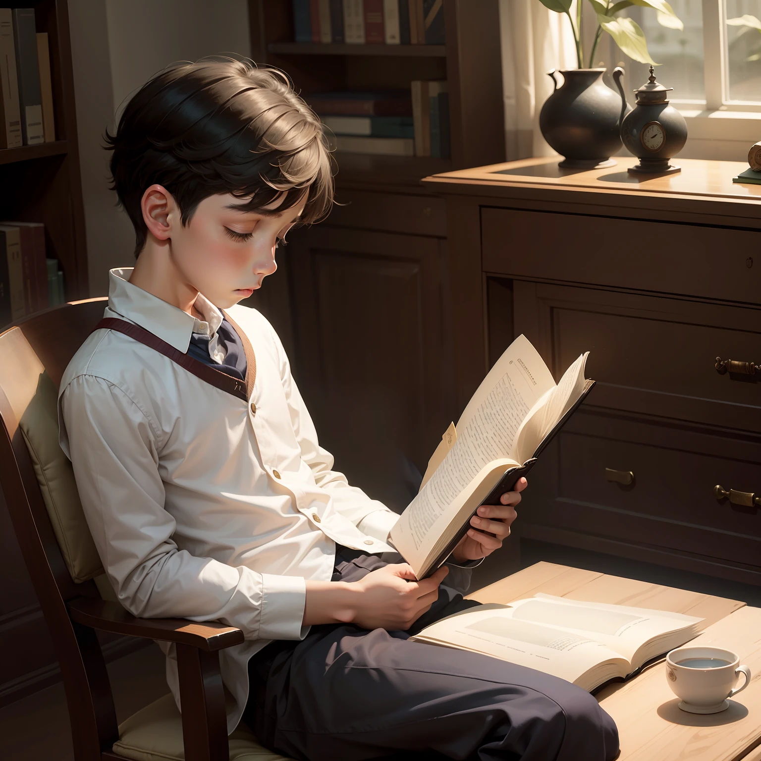 One noon,1boy is quietly reading a book in a delicate room