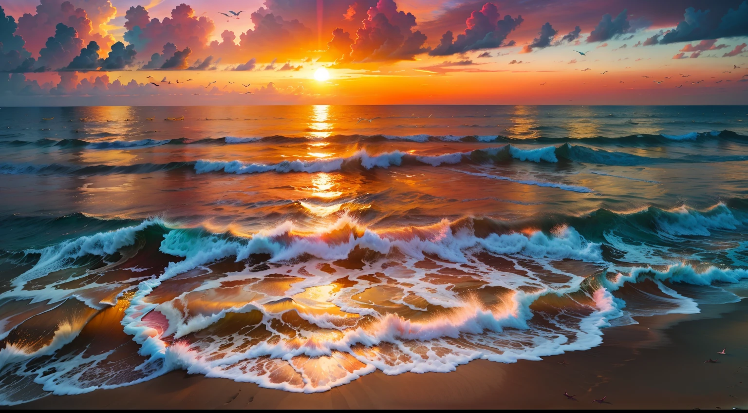An absolutely mesmerizing sunset on the beach, with a mix of orange, pink, and yellow in the sky. The water is crystal clear, gently kisses the coast, and the white sand is endless. The scene is dynamic and breathtaking, with seagulls soaring high in the sky and palm trees swaying softly. Immerse yourself in the calm atmosphere and let the serenity surround you.