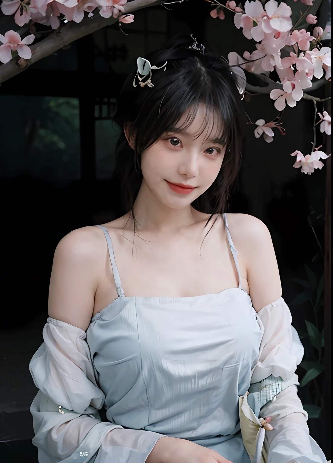 best qualtiy, 超高分辨率, (realisticlying:1.4), one-girl, A pair of clear and moving peach blossom eyes,Royal Sister,(full bodyesbian:1.2)a sense of atmosphere,a beauty girl,Bandeau dress 1.1, ssmile,(brassier:1.2)(huge :1.2), looking at viewert, closeup cleeach Blossom Forest,