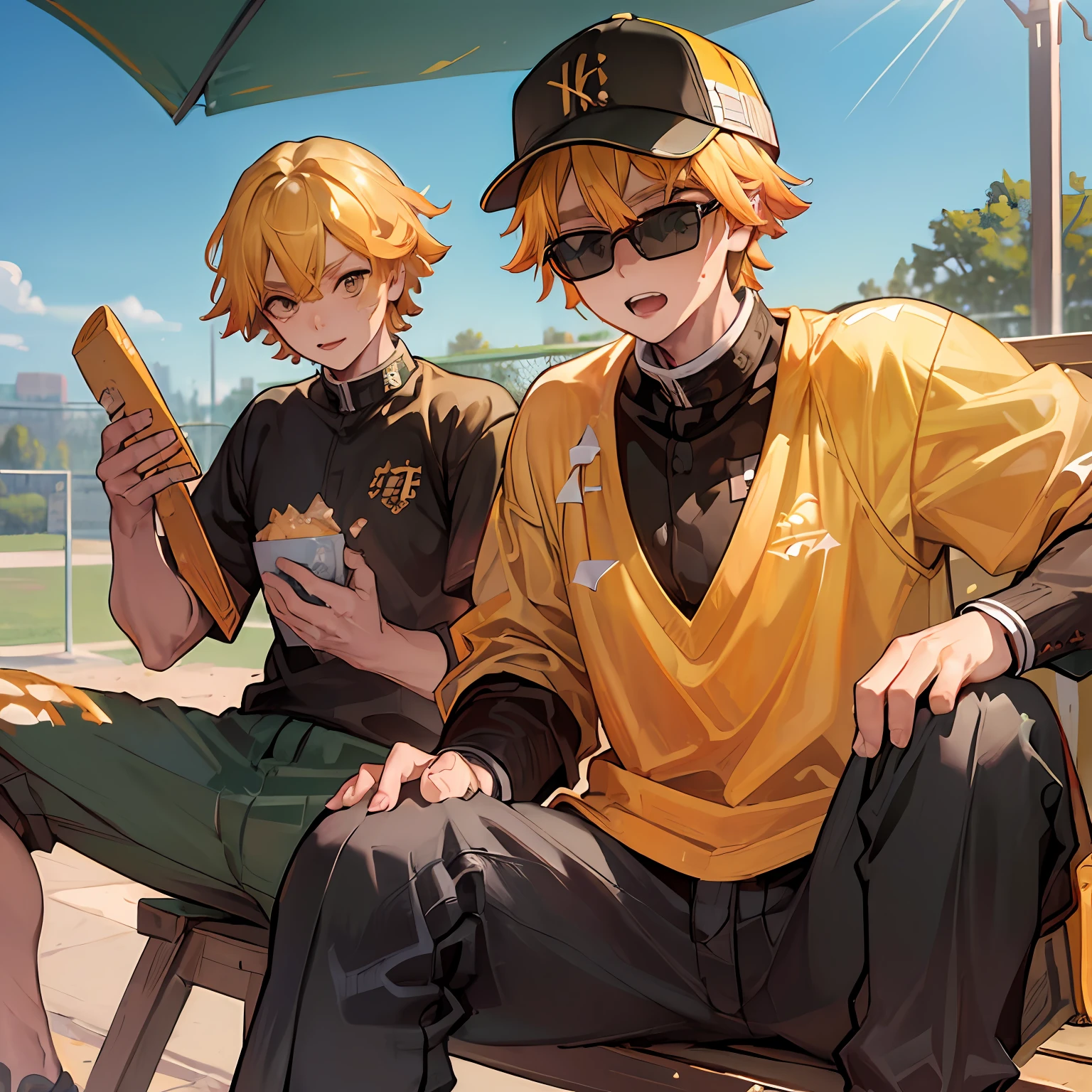 (((master piece))),((best quality)),((((park)))), detailed,1boy, sitting,sports cap, yellow hair,sunglasses,sports shirt,pants,cheerful,toothy grinultra detailed face, shoulder pad