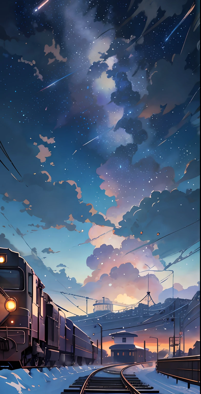 There is a train running along the tracks in the snow, Makoto Shinkai's concept art, tumblr, magic realism, beautiful anime scenes, cosmic sky. by makoto shinkai, ( ( makoto shinkai ) ), anime background art, anime backgrounds, Makoto Shinkai's style, anime movie backgrounds, galaxy express, no humans.