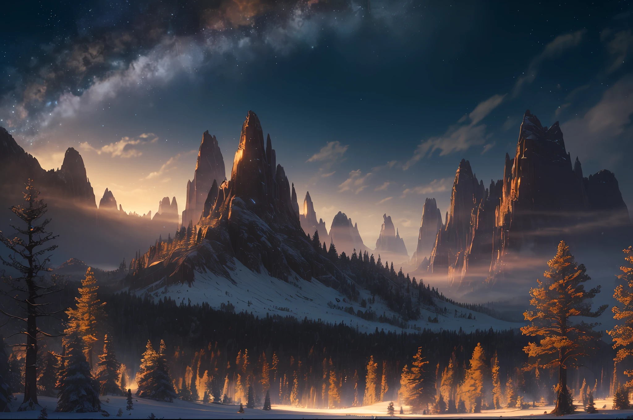 "(ultra-detailed CG unity 8k wallpaper, masterpiece, best quality, depth of field, HDR, intricate), (by Greg Rutkowski: 1.2), Enchanting forest scenery with a majestic mountain backdrop beneath a captivating night sky adorned with a subtle sepia filter, featuring striking silhouettes and an ethereal sprinkle of mesmerizing light particles."