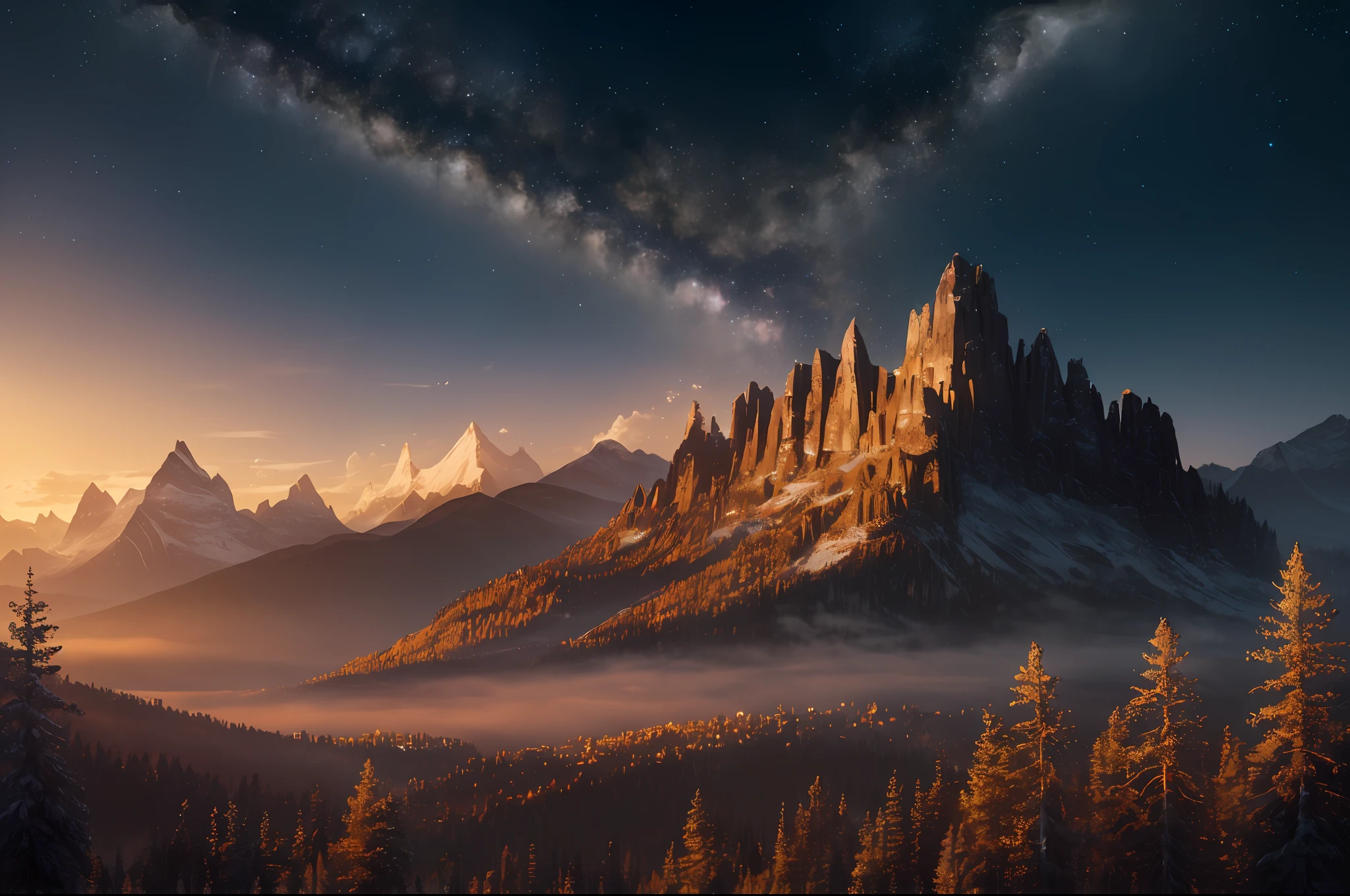 "(ultra-detailed CG unity 8k wallpaper, masterpiece, best quality, depth of field, HDR, intricate), (by Greg Rutkowski: 1.2), Enchanting forest scenery with a majestic mountain backdrop beneath a captivating night sky adorned with a subtle sepia filter, featuring striking silhouettes and an ethereal sprinkle of mesmerizing light particles."