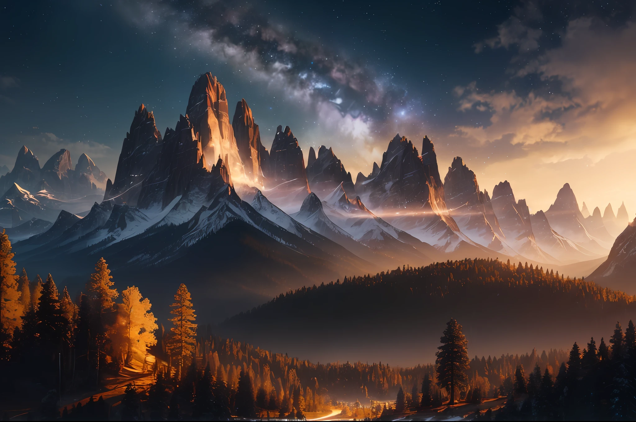 "(ultra-detailed CG unity 8k wallpaper, masterpiece, best quality, depth of field, HDR, intricate), (by Greg Rutkowski: 1.2), Enchanting forest scenery with a majestic mountain backdrop beneath a captivating night sky adorned with a subtle sepia filter, featuring striking silhouettes and an ethereal sprinkle of mesmerizing light particles."