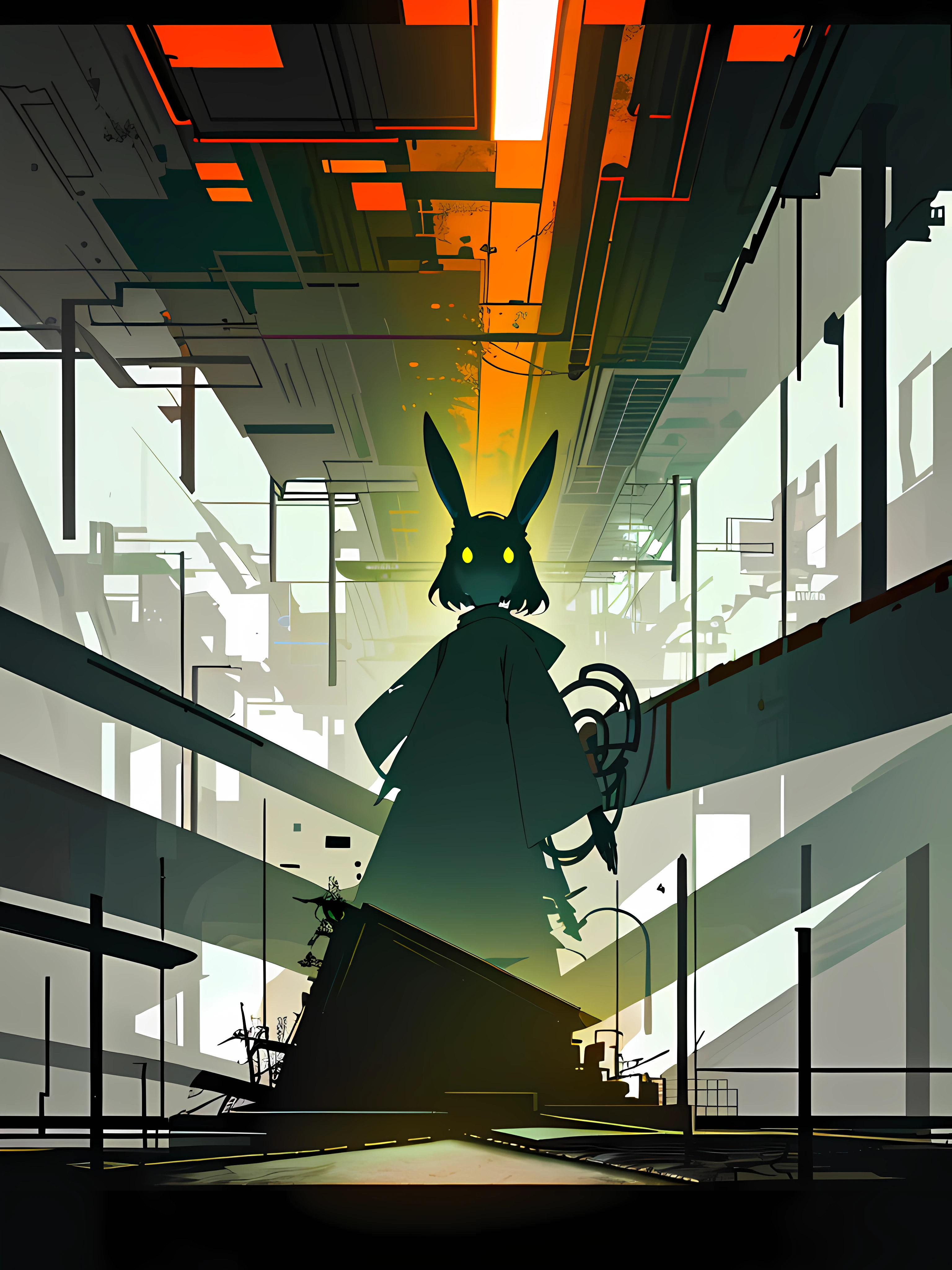 (blame! style abandoned tech landscape), (Zen, Amy Sol style), (underground, dark, foggy, perilous, abandoned dystopian apartment bedroom, deep windows), (abstract anthro rabbit figure wearing bunny ears), cover art with light abstraction, abstract, simple vector art, contemporary Cybernetic art, color gradients, soft color palettes, layered forms, whimsical animation, style Ethereal abstract, 4K, --v6