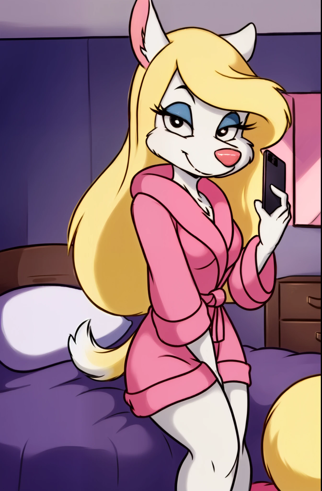 1girl, MinervaMinkCzar,(furry, furry female, full body), (animal ears, long tail, blonde tail, snout, swept bangs, long hair, blonde hair, makeup, black eyes, blue eyeshadow), (pink robe, fur trim \(clothing\), on front, holding phone, talking on phone, on bed, seductive), (indoors, bedroom, bed, vanity mirror), (masterpiece:1.2), hires, (detailed face:1.2), (detailed eyes:1.2), perfect skin, ultra-high resolution, 8K, high quality, (sharp focus:1.2), clean, crisp, cinematic,