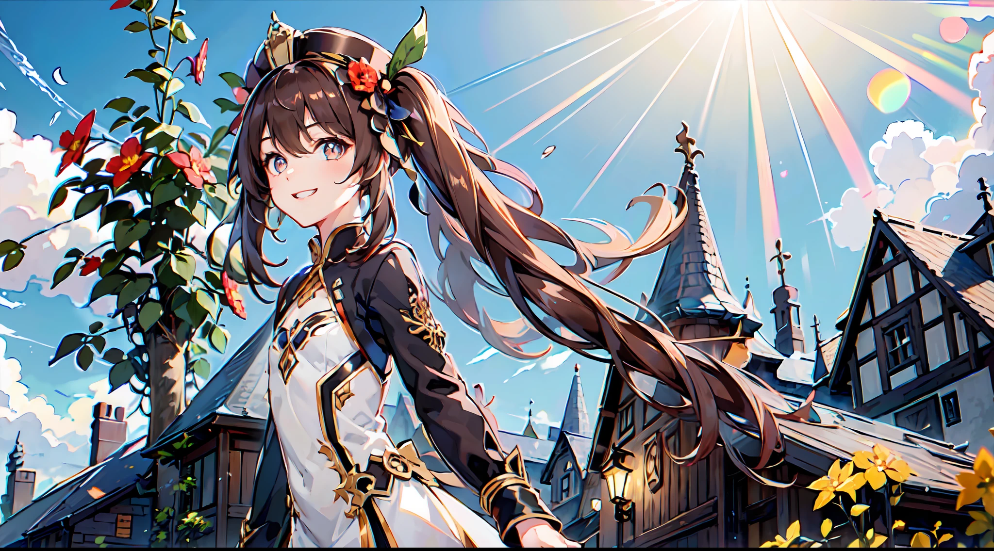 1girl, (solo:1.2), ((masterpiece)), slim, small chest, pale skin, ((detailed eyes)), (bokeh effect), brown hair, long hair, brown clothes, twin tails, hat, bright smile, grin, exterior, brown eyes