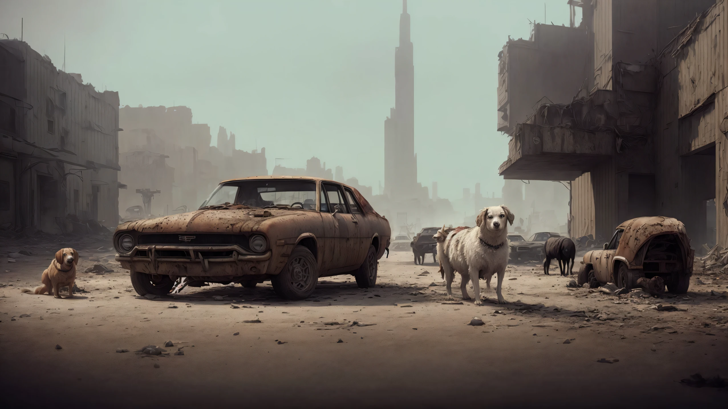 ((best quality)), ((masterpiece)), ((realistic)), (detailed), abandoned wasted city, rusty muscle car standing on a street, Fallout, everything covered with dust, postapocalyptic, herds of dogs looking for some food, ((close shot, 35 mm)), realism, exploration, cinematic, realistic, octane render, unreal engine, hyper detailed, volumetric light, moody cinematic epic concept art, realistic matte painting, concept art, insanely detailed, , ((masterpiece)), absurdres, HDR