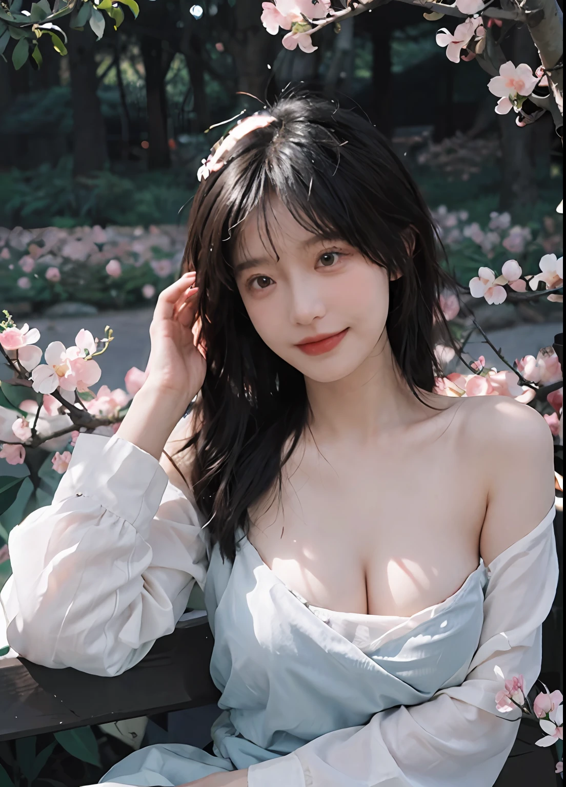 best qualtiy, 超高分辨率, (realisticlying:1.4), one-girl, A pair of clear and moving peach blossom eyes,Royal Sister,(full bodyesbian:1.2)Beautiful atmosphere,a beauty girl,Bandeau dress 1.1, ssmile,(brassier:1.2)(huge tit:1.2), looking at viewert, closeup cleavage ,Peach Blossom Forest,