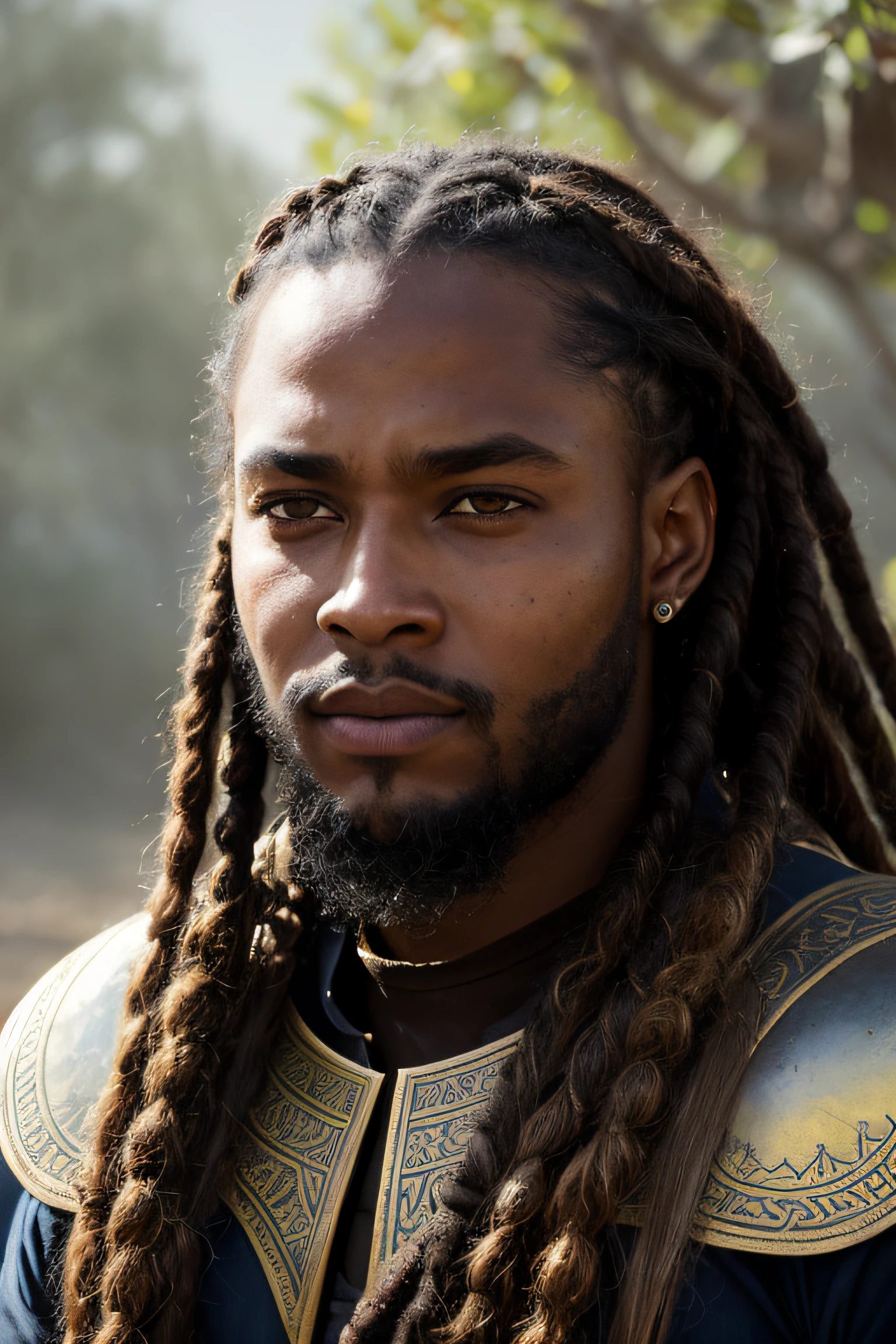 close up portrait of a 22 year-old confident blasian dark-skinned medieval fantasy nobleman warrior, almond-shaped eyes, gorgeous hazel-colored eyes, very long hair, dutch braids and dreadlocks, chin strap beard, intense and fierce look, steadfast expression, athletic, rich traditional fantasy north african nobleman's clothes, in a fantasy north african palace, (backlighting), realistic, masterpiece, highest quality, lens flare, shade, bloom, [[chromatic aberration]], by Jeremy Lipking, by Antonio J. Manzanedo, digital painting