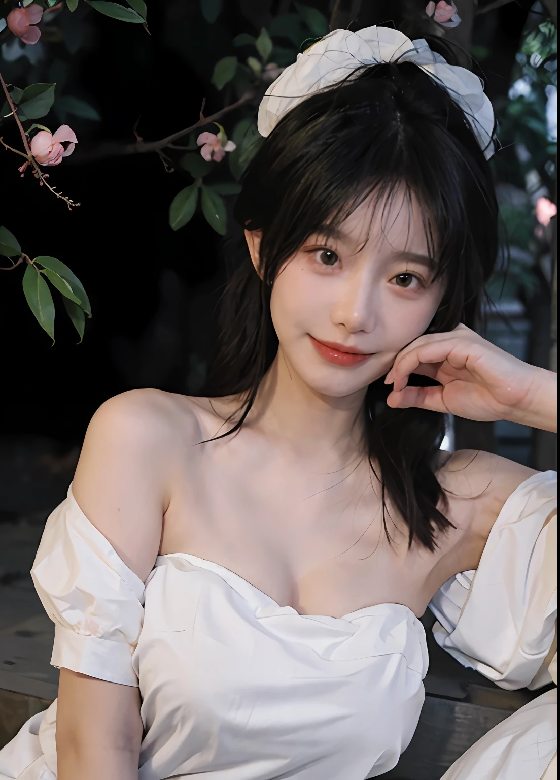 best qualtiy, 超高分辨率, (realisticlying:1.4), one-girl, A pair of clear and moving peach blossom eyes,Royal Sister,(full bodyesbian:1.2)Beautiful atmosphere,a beauty girl,Bandeau dress 1.1, ssmile,(brassier:1.2)(huge tit:1.2), looking at viewert, closeup cleavage ,Peach Blossom Forest,