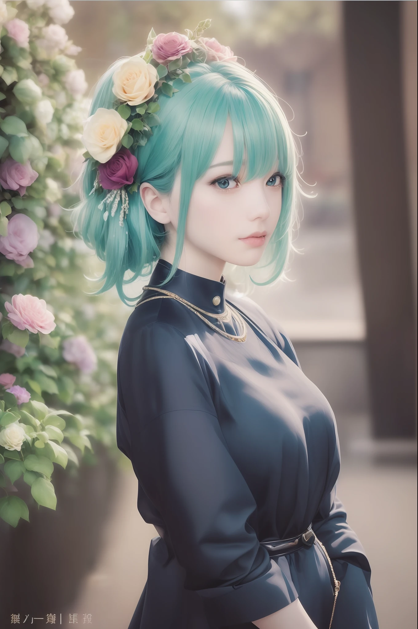 Photographic portrait of beautiful women, Sony α7, 35mm Lens, f1.8、((Konmutsuki_gacha_series1, punk_rosette))), cute girl, aqua color flowers, (full body), elegant flowers background, realistic photo, beautiful woman, Beautiful girl, beautiful background, charming girls, realistic 3d style, photo realistic render