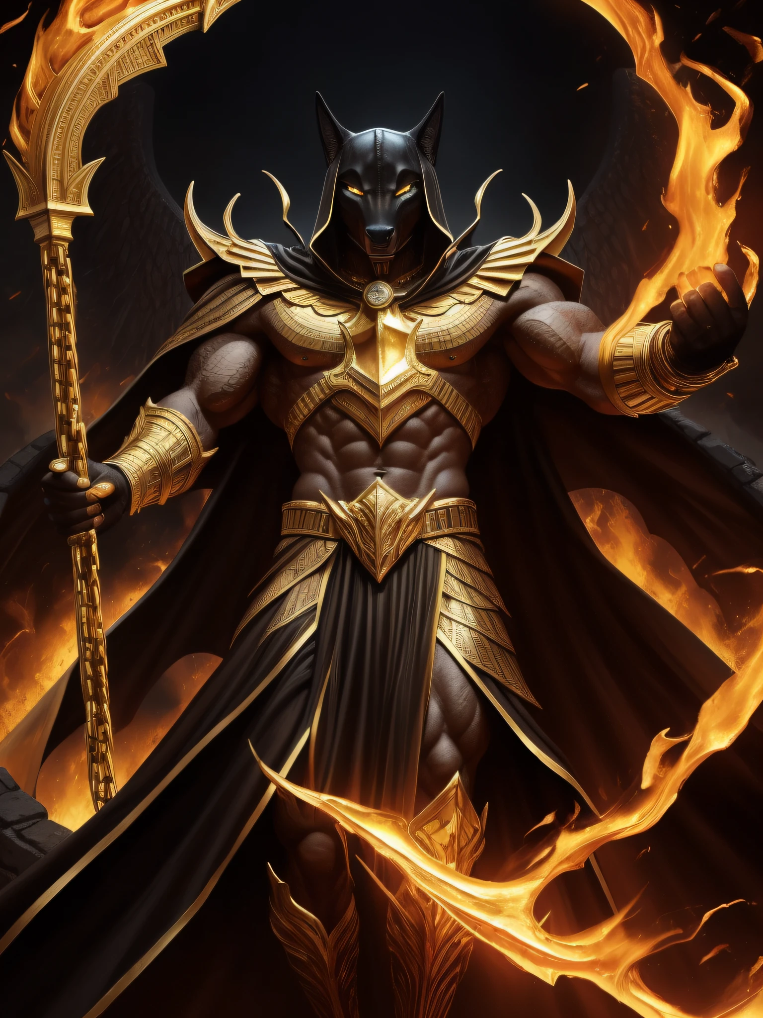 (high quality), photorealistic, (oil painting)
jewelry, (solo),
(dynamic pose), towards right, ((hell gate)), fire, hell landscape, (the underworld), (dark landscape),
anubis, egyptian jackal headed god, anthro, muscular, (holding golden scales), dynamic pose, cinematic, dramatic camera angle, golden armor:0.25, black & gold cape, (good anatomy), (good proportions), award winning, masterpiece, centered,